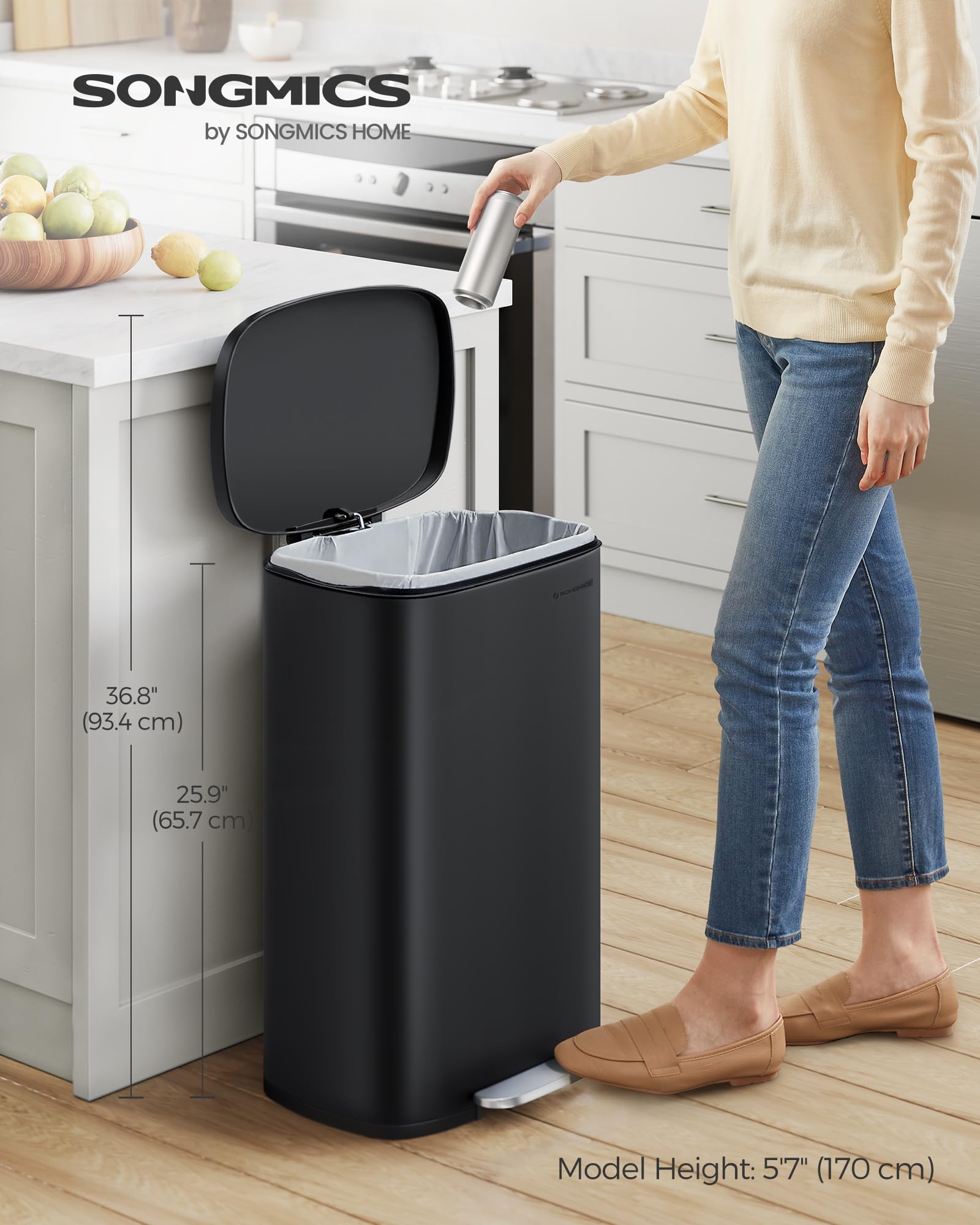 SONGMICS 50 L Kitchen Bin - Soft Close Pedal Rubbish Bin | Alloy Steel | Black 2