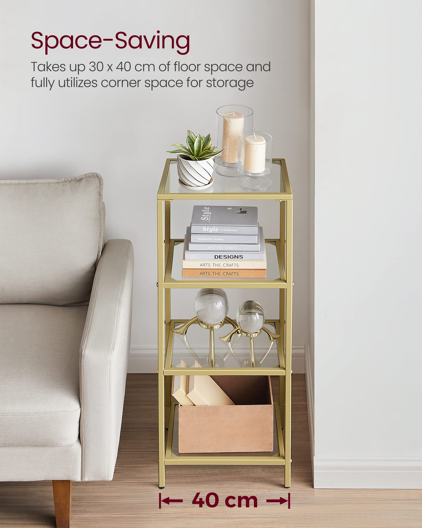 VASAGLE 4-Tier Glass Shelf Unit - Tempered Glass & Metal Frame | 10kg Capacity | Metallic Gold LGT28G 5