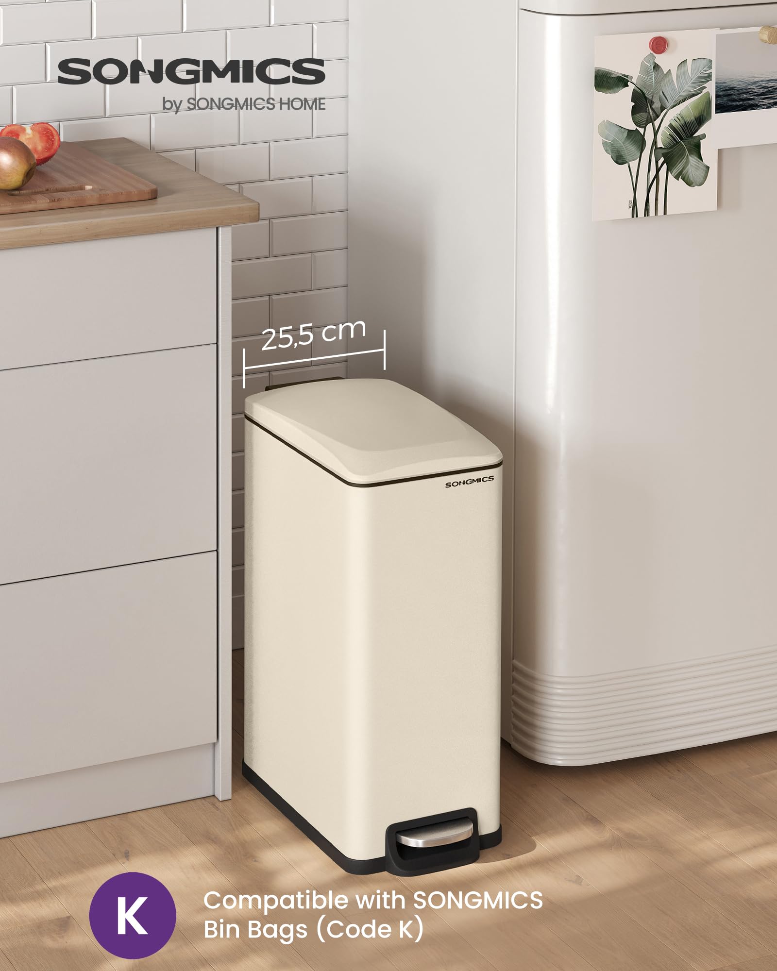 SONGMICS Kitchen Bin - Slim Pedal Waste Separation System | 48 L (12.7 Gallon) | Sand Beige 2