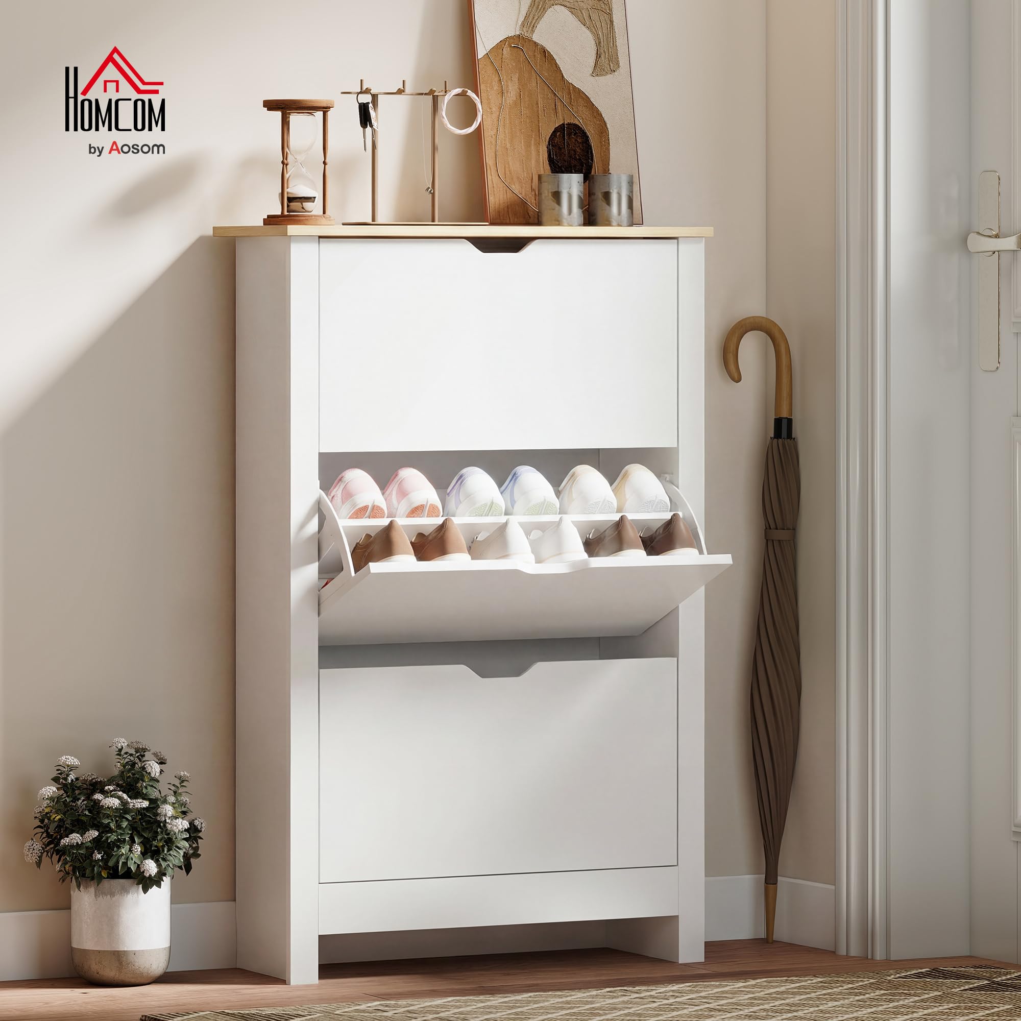 HOMCOM Narrow Shoe Cabinet - Space Saving Storage with 3 Flip Drawers | White | 26cm Depth 2