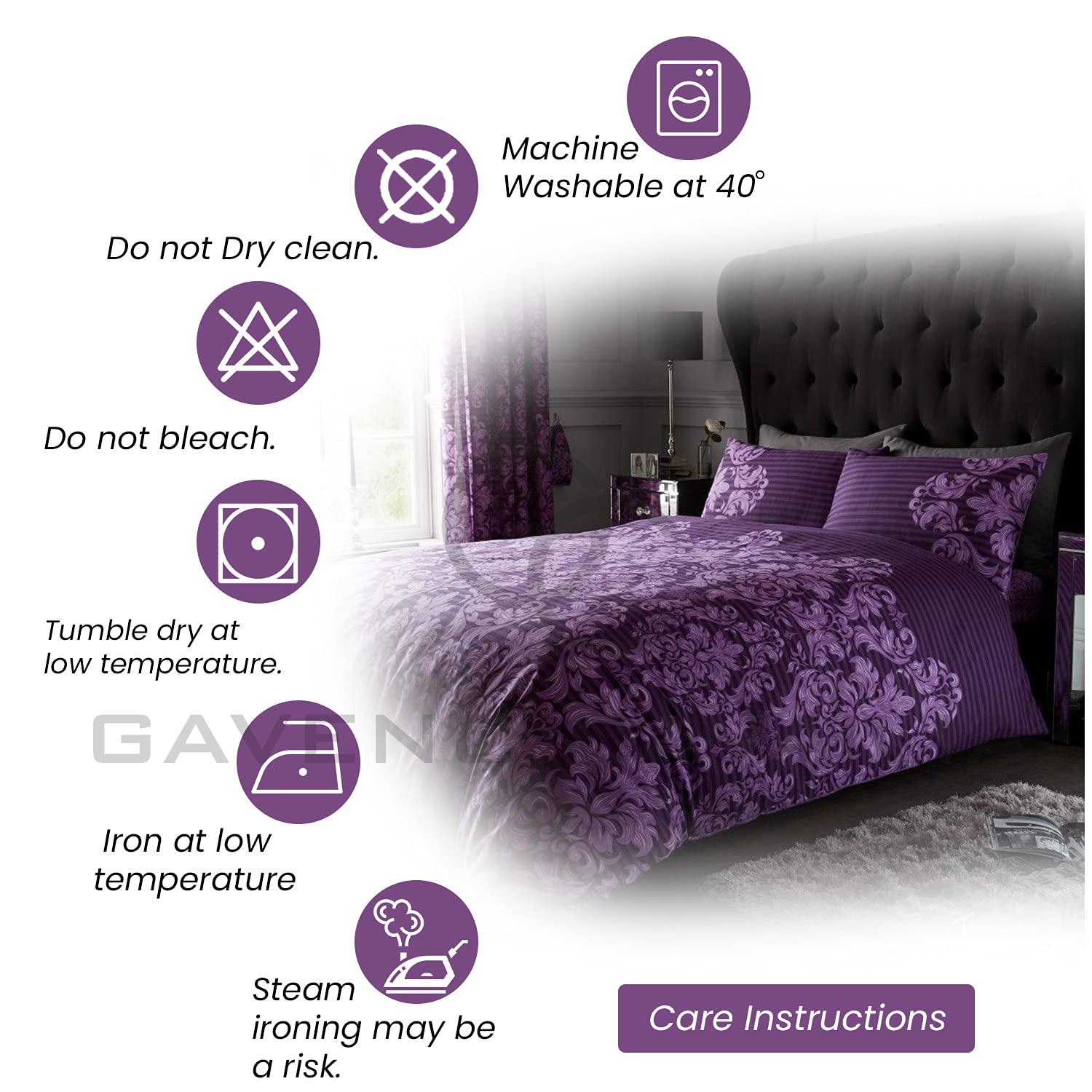 GC GAVENO CAVAILIA Damask Floral Double Duvet Cover Set | 50% Cotton/50% Polyester | Purple 4
