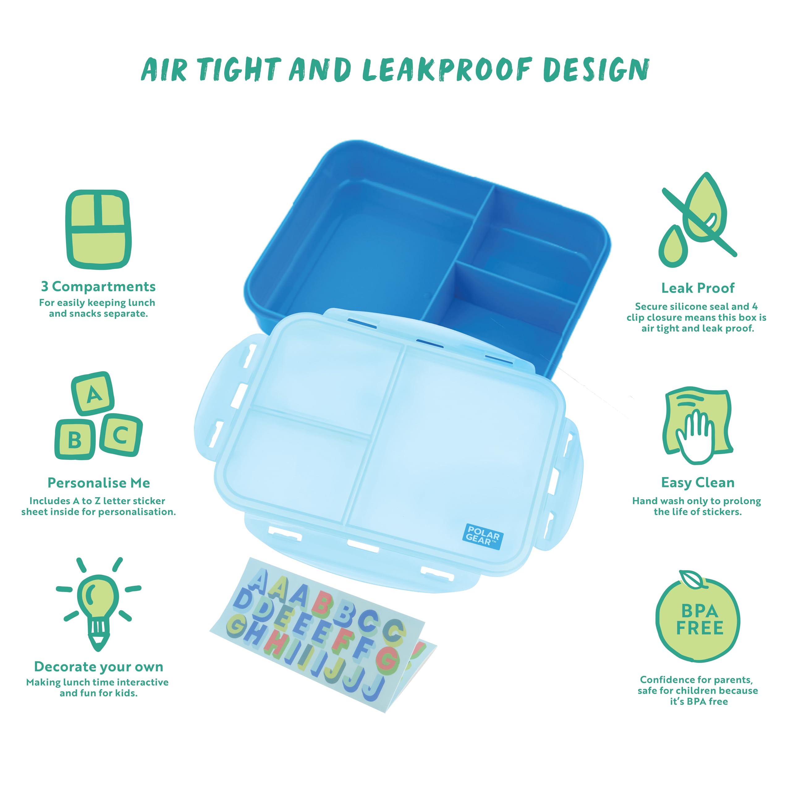 Polar Gear Decorate Me Lunch Box - 3 Compartments, Leakproof, Sky Blue/Azure | BPA-Free 4