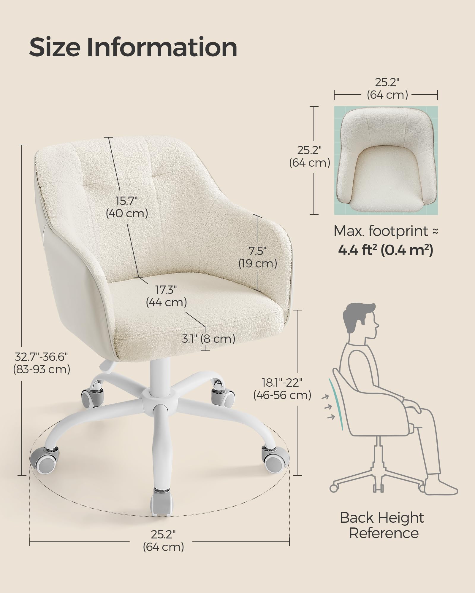SONGMICS Swivel Desk Chair - Cappuccino Beige, Sherpa Fabric, Adjustable Height | Max Load 110 kg 3