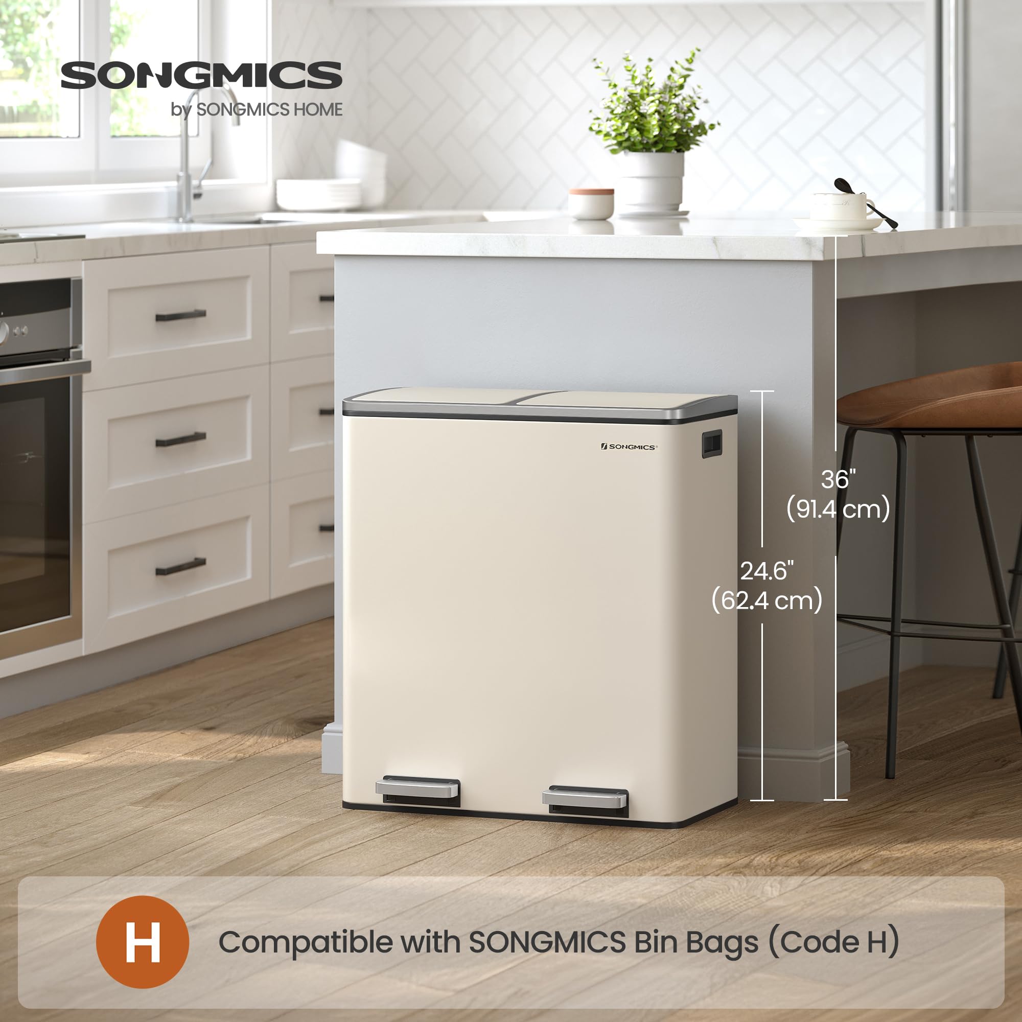 SONGMICS Dual Recycling Bin - 2 Compartments, 2 x 30L Capacity, Cream | Soft Close Pedal | Steel 2