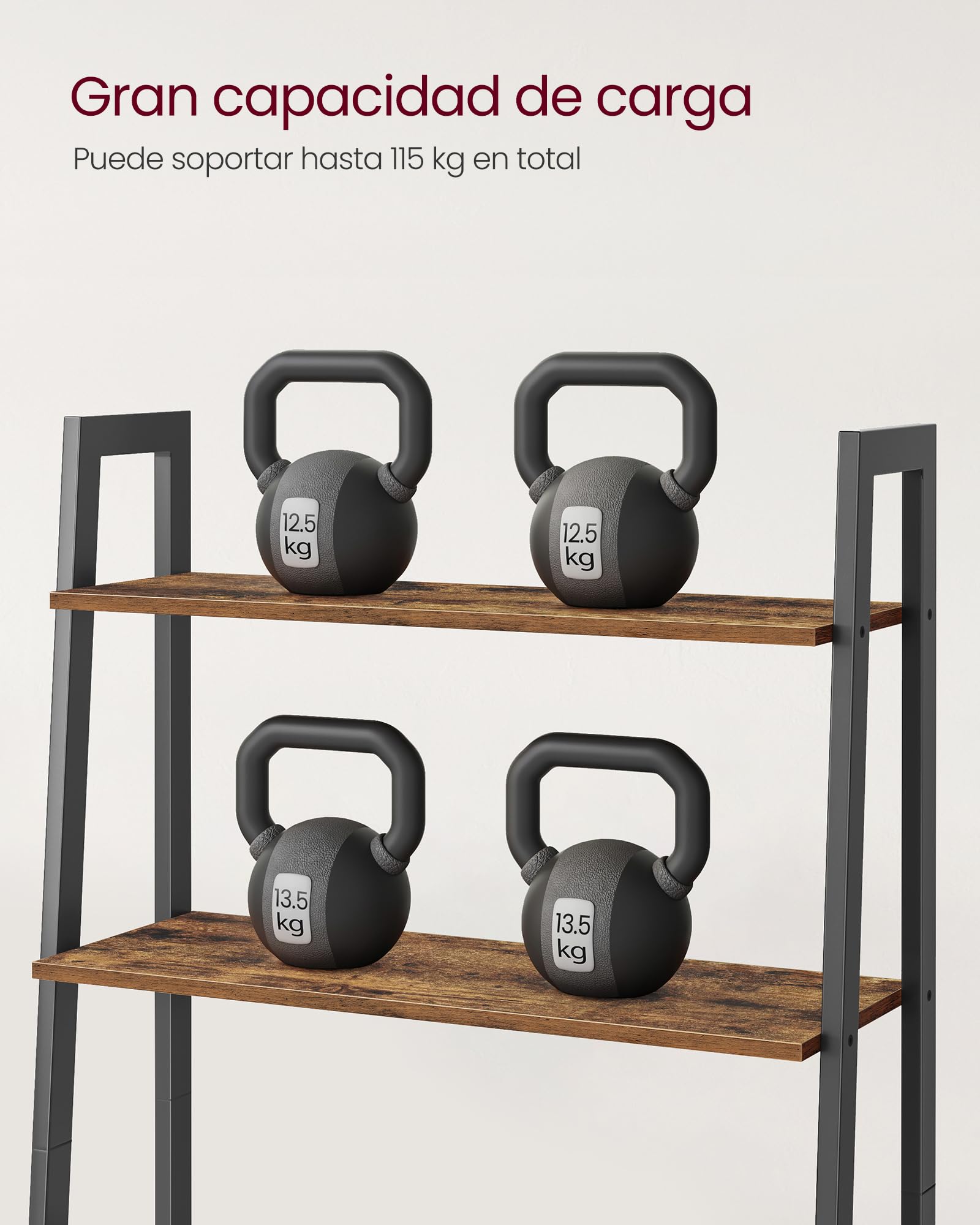 VASAGLE 4-Tier Ladder Shelf Bookcase - Industrial Style, Steel Frame, Rustic Brown & Black | 80 cm Wide 5