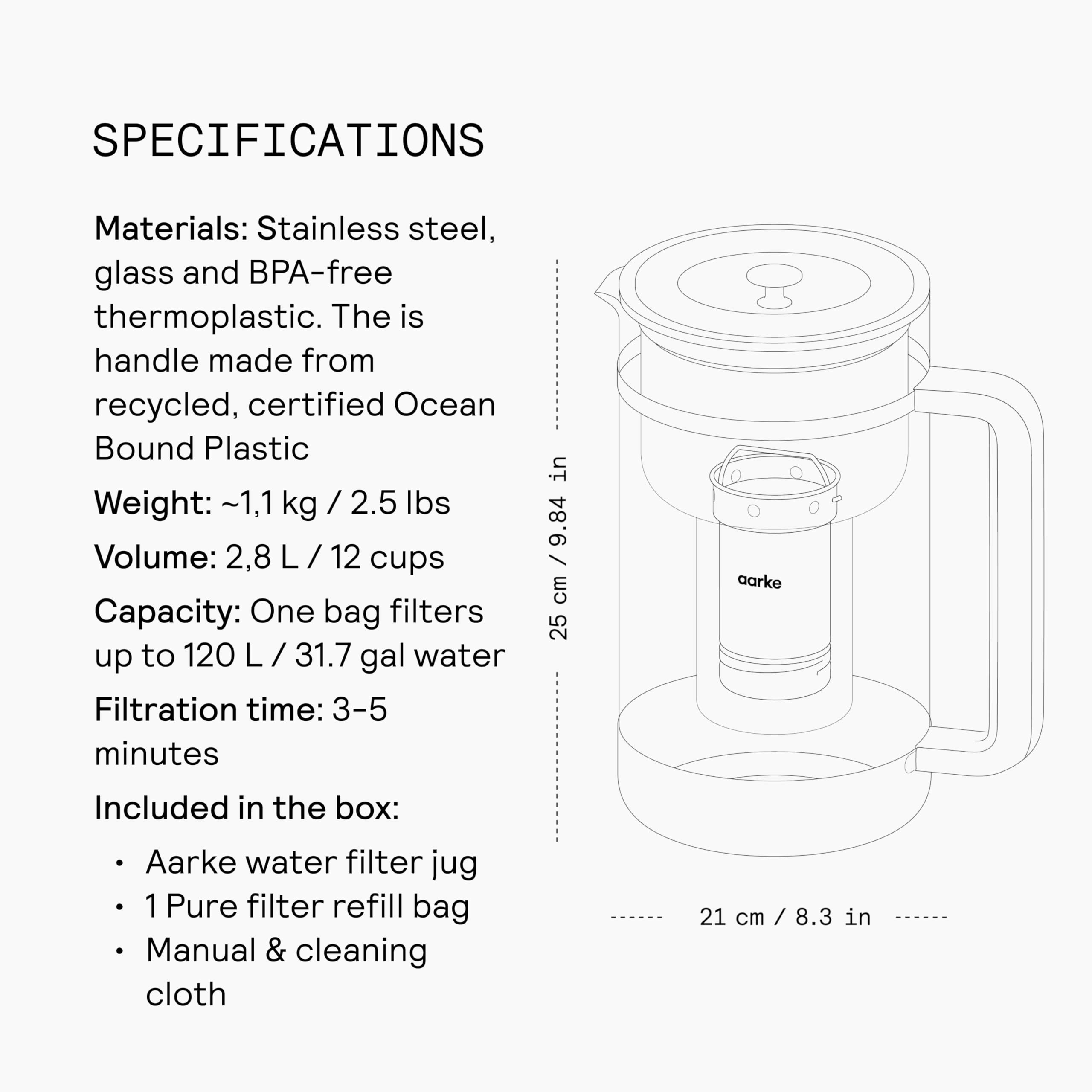 aarke Purifier Large Water Filter Jug - 1.7L Filtered Capacity | Glass & Steel | Filter Change Indicator 10