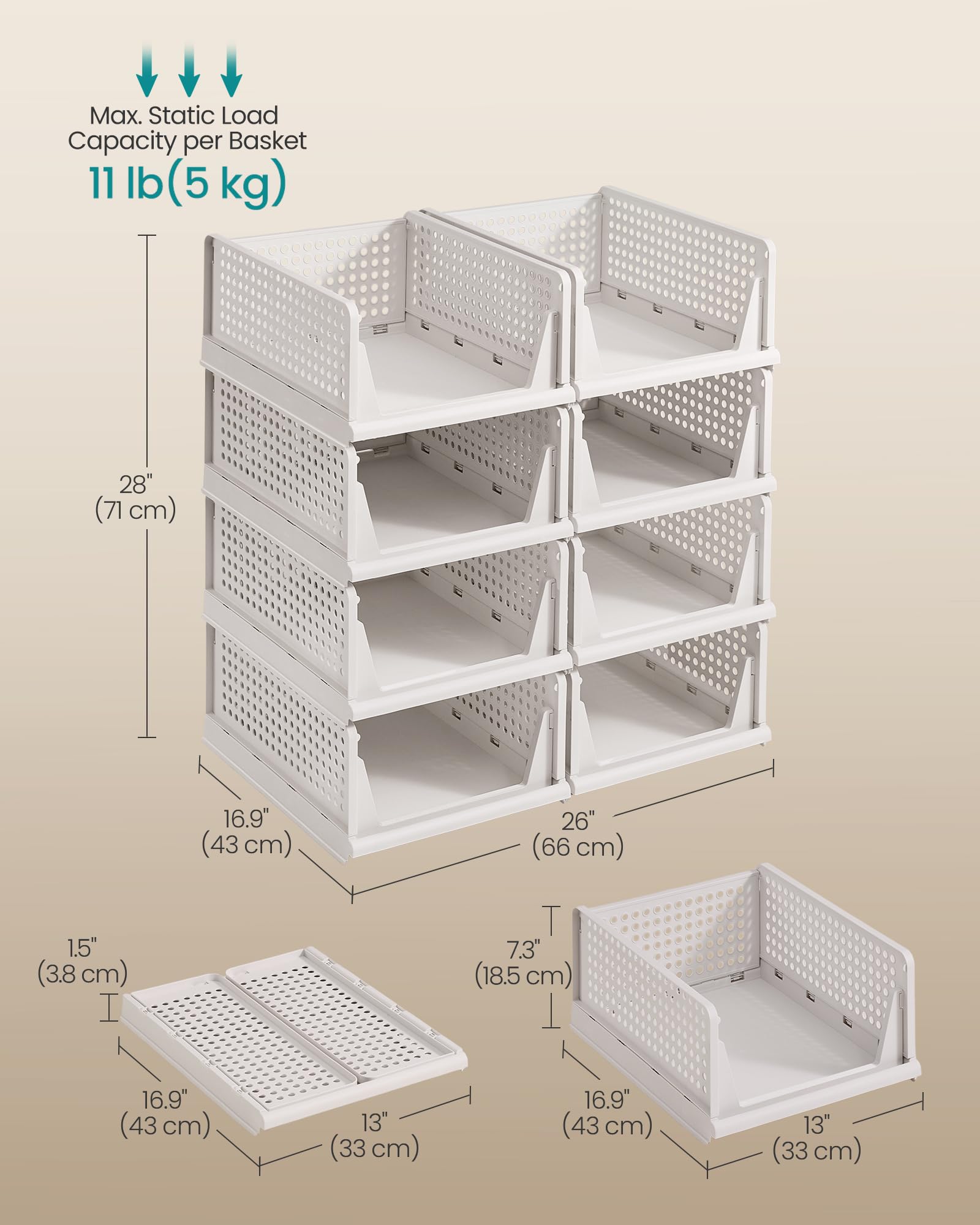 SONGMICS Stackable Wardrobe Storage - Set of 8 Foldable Closet Organisers | PP Plastic | White 2