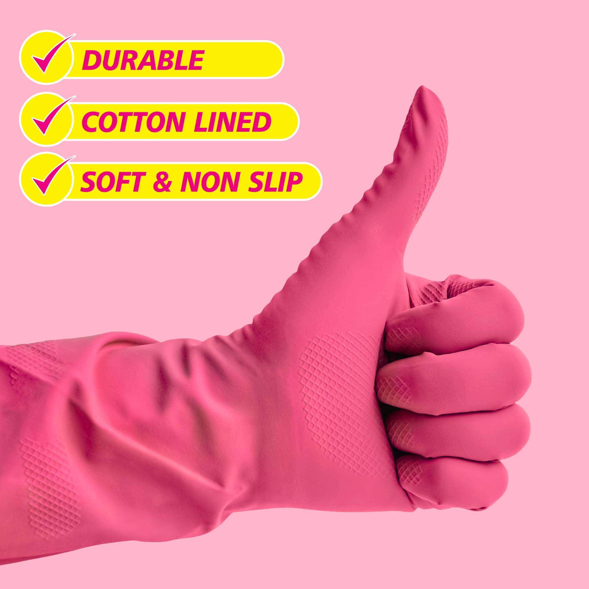 Elbow Grease Pink Rubber Gloves - Super Strong, Cotton Lined, Non-Slip Grip | Size M 2