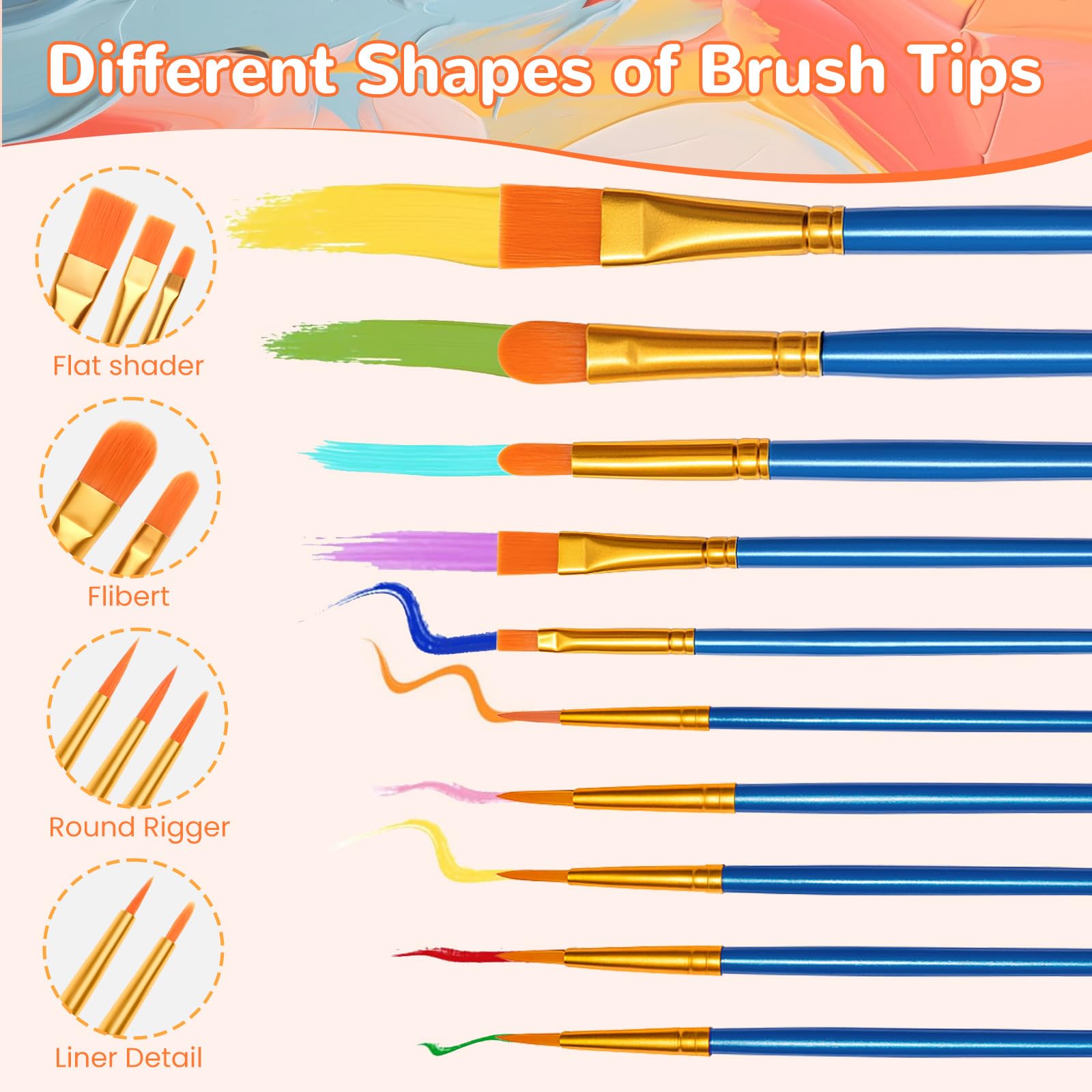 Muexoee 20 Pcs Nylon Hair Paint Brushes Set - Flat Art Brushes for Acrylic, Oil & Gouache 3