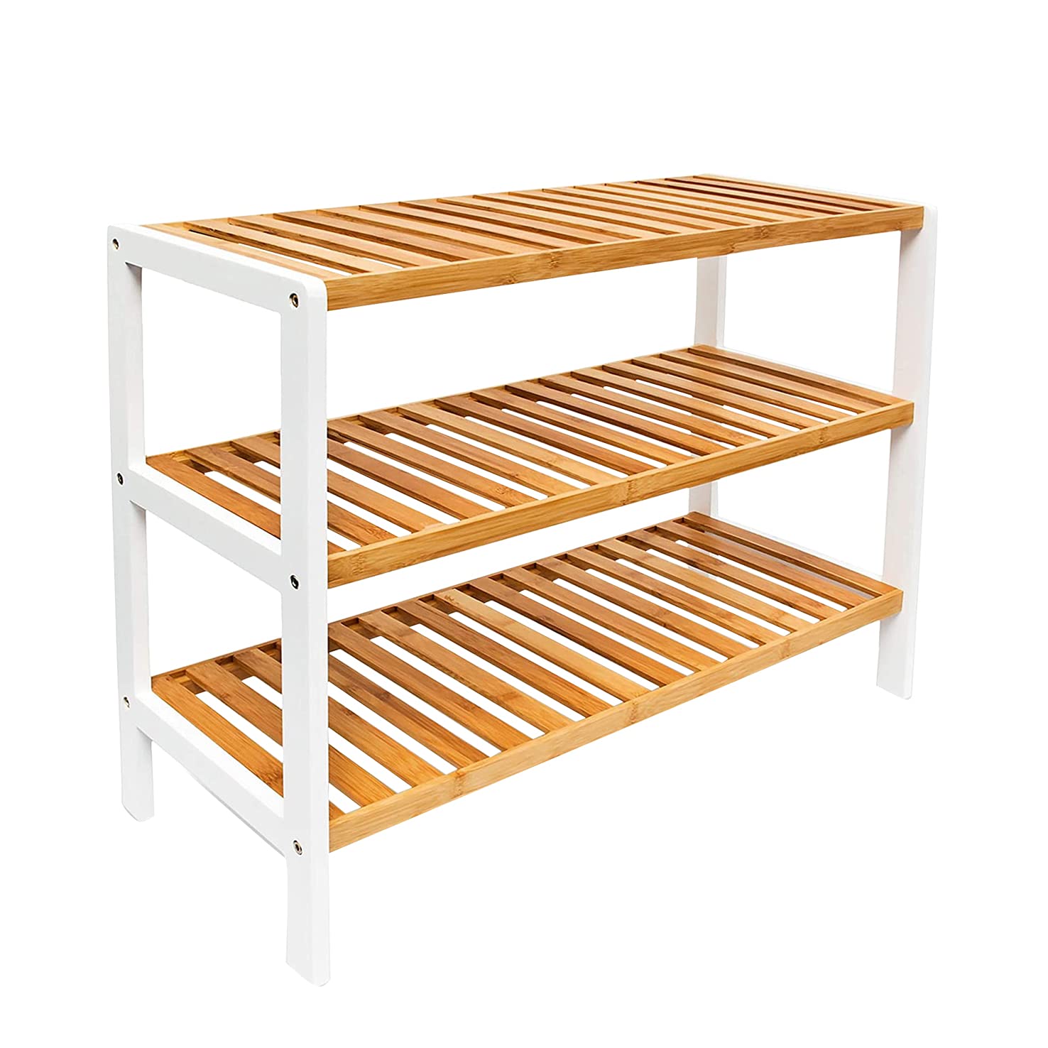 1ABOVE Bamboo Shoe Rack - 3 Tier Storage | White & Natural Wood | Portable | 70x55x25cm