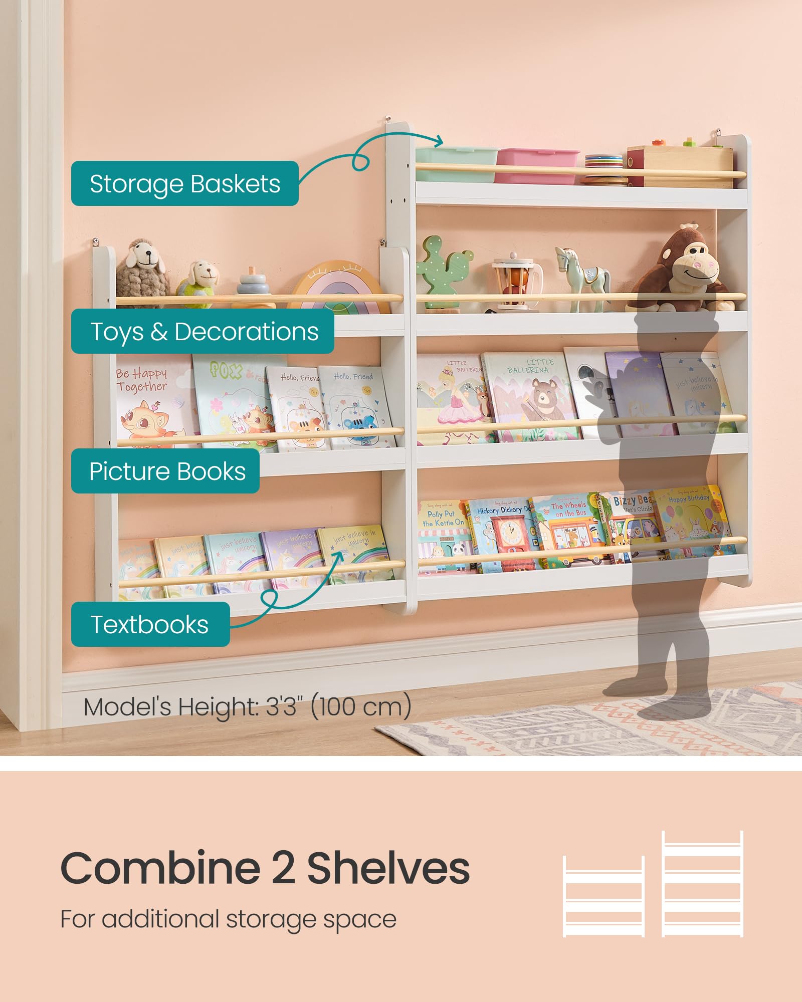 SONGMICS Kids Bookshelf - 3-Tier Wall-Mounted Bookcase | MDF & Pine Wood | White 7