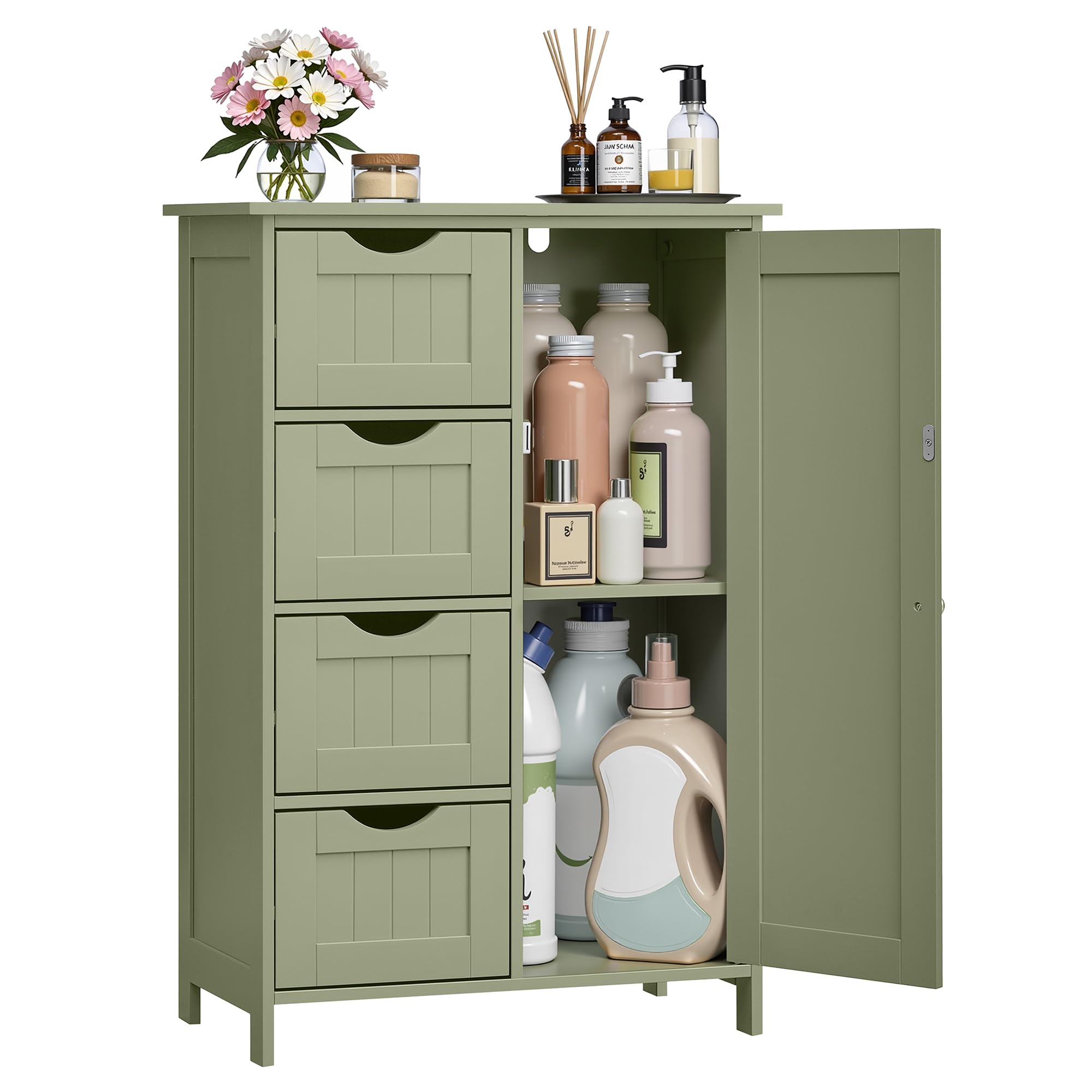 VASAGLE Bathroom Floor Storage Cabinet with 4 Drawers | Laurel Green | Engineered Wood 1