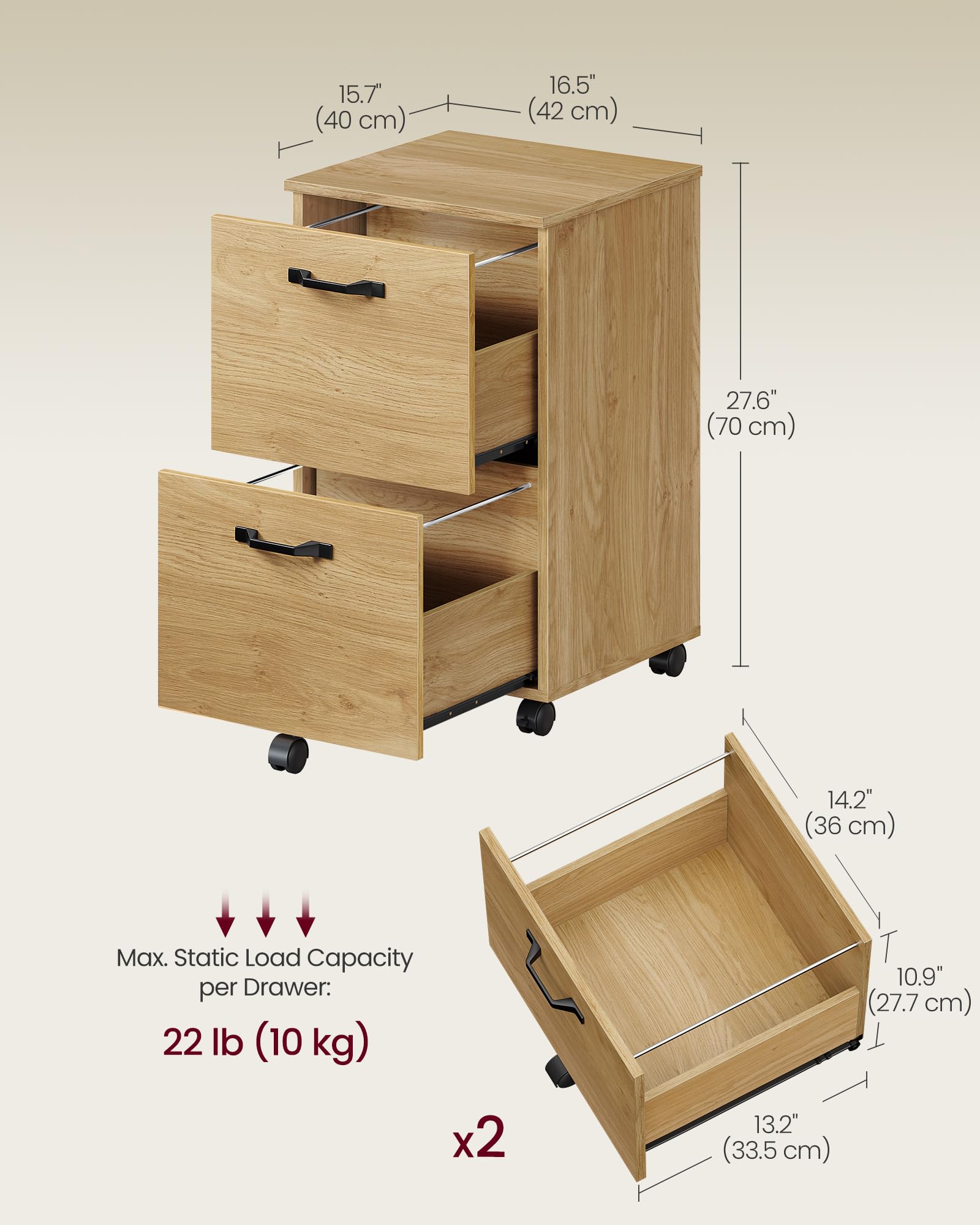 VASAGLE 2-Drawer Mobile File Cabinet - Rolling, Printer Stand, for A4/Letter Files | Straw Yellow 3