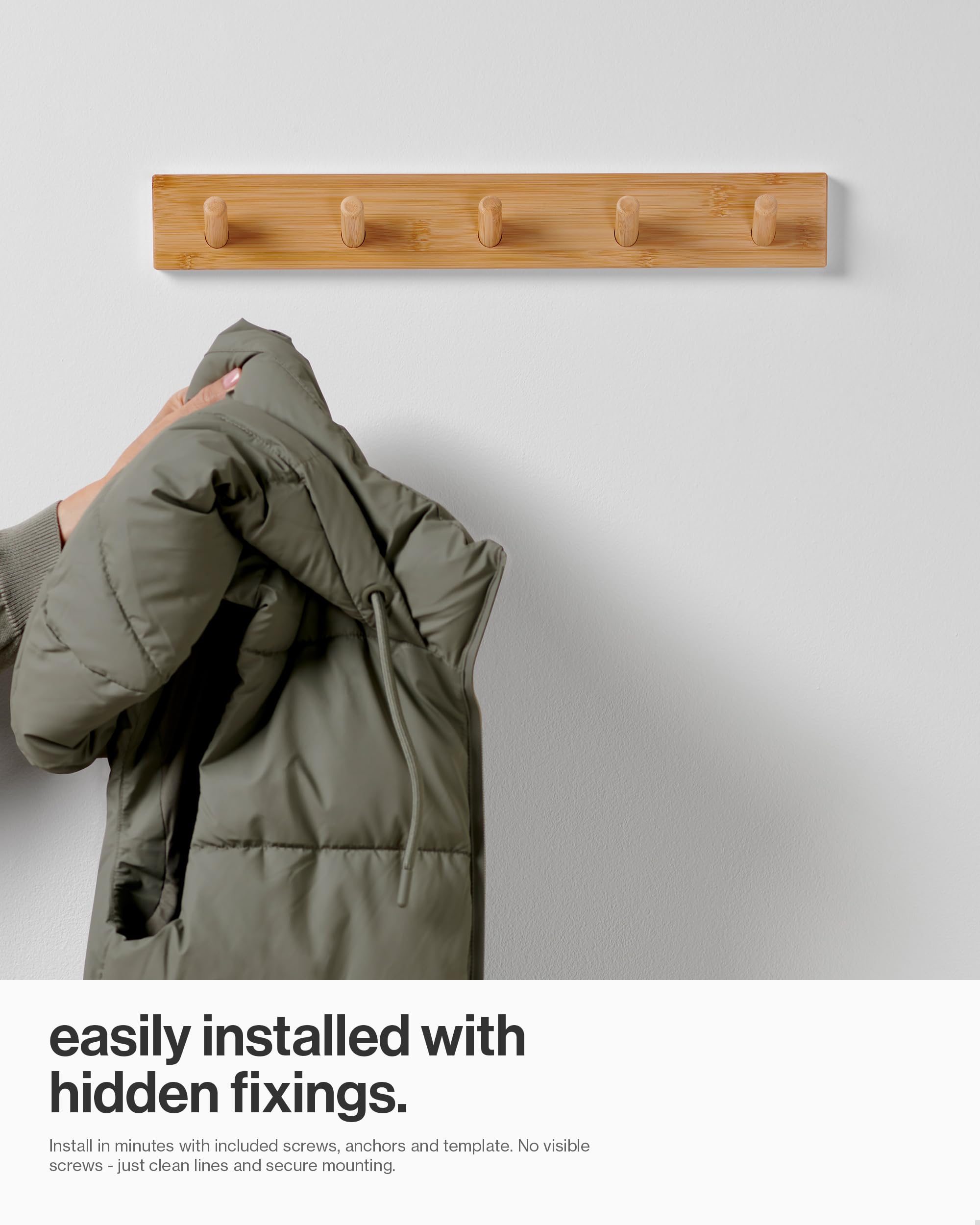 LARHN Wooden Wall Coat Rack - 5 Hooks, Bamboo, Heavy Duty, Max Load 20kg 6