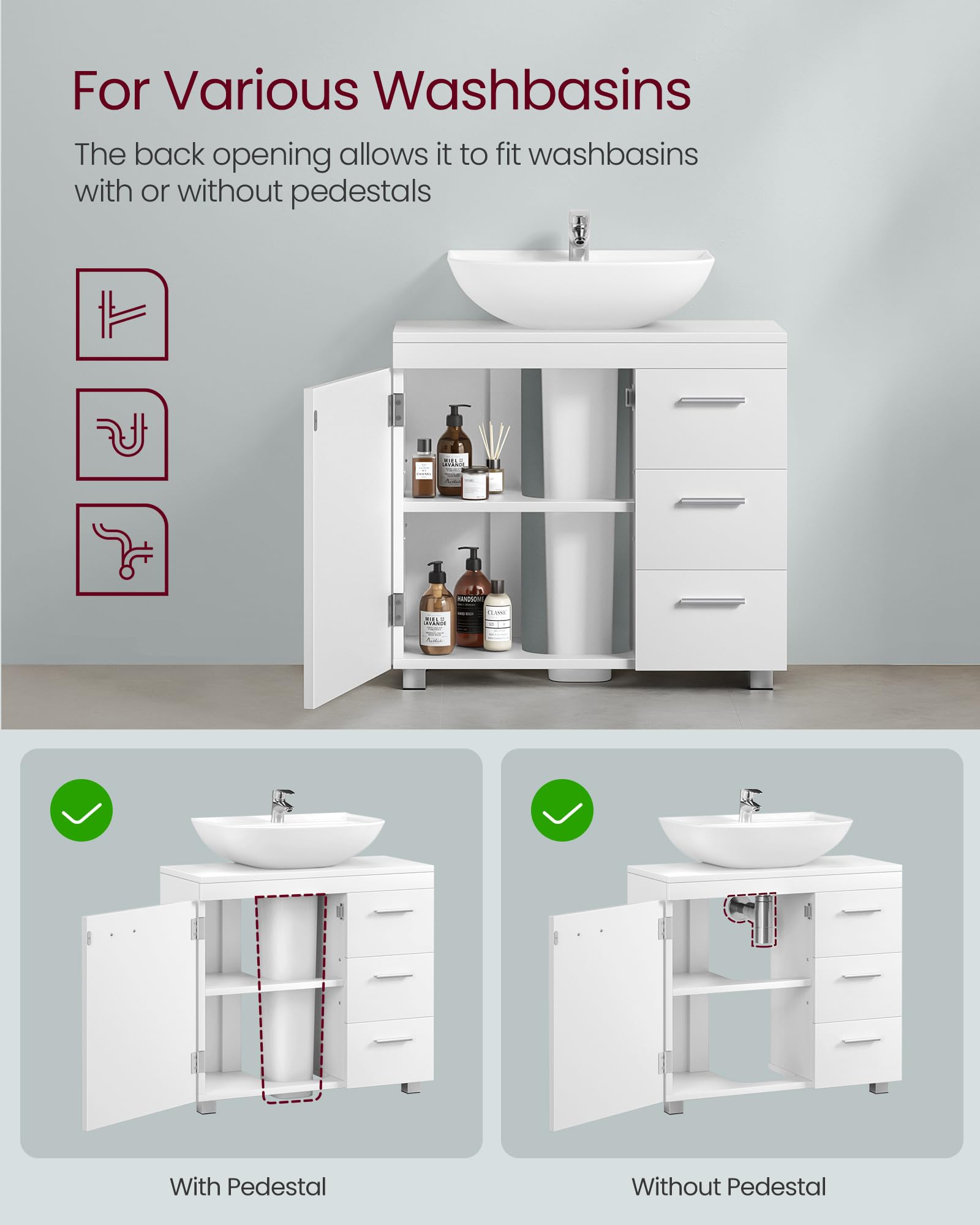VASAGLE Under Sink Bathroom Cabinet - Cloud White | 3 Drawers | Adjustable Shelf | MDF/Particleboard 5
