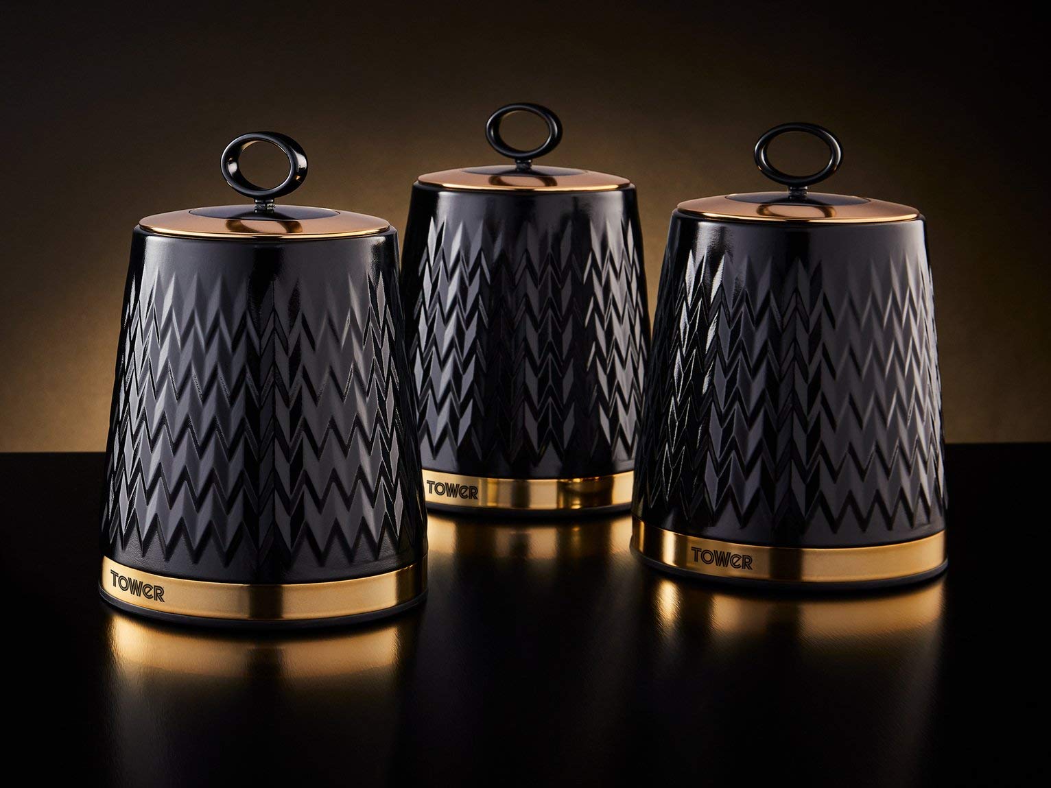 Tower Empire Set of 3 Storage Canisters for Tea Coffee Sugar | 1.3L Capacity | Black and Brass 7