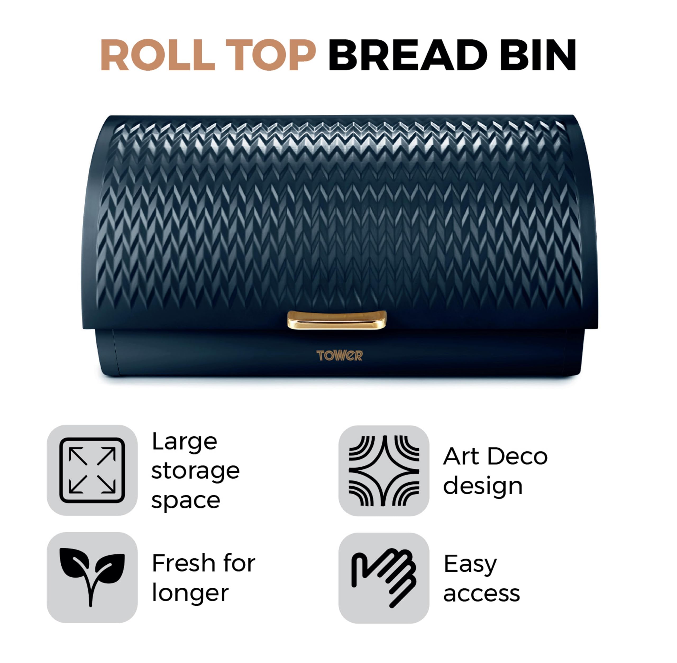 Tower Empire Roll Top Bread Bin - Art Deco Design | Stainless Steel | Midnight Blue & Brass 2