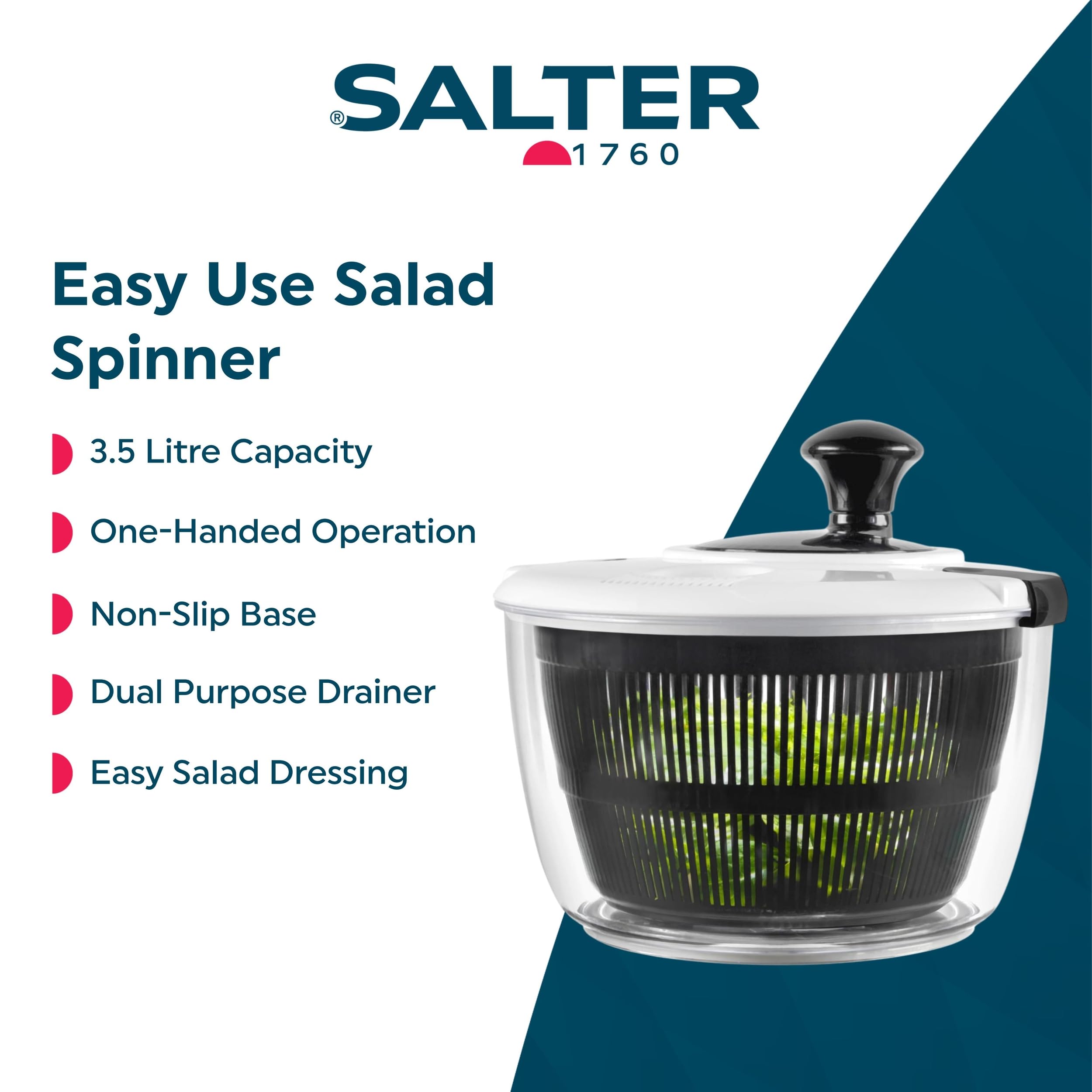 Salter 3.5L Salad Spinner - Wash, Dry, and Serve Lettuce Dryer | Plastic | White/Black