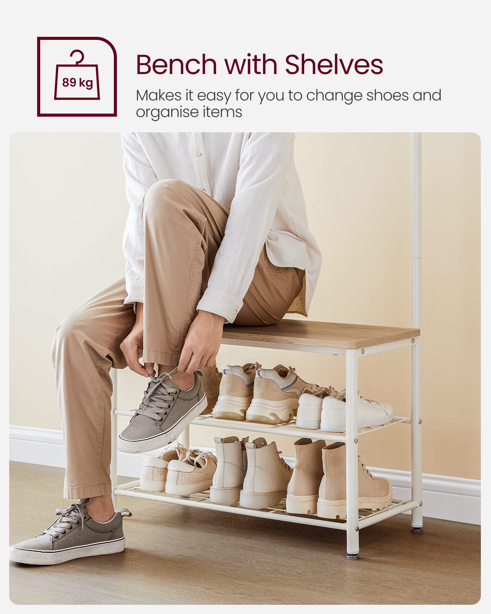 VASAGLE 3-in-1 Coat Rack with Shoe Bench and Shelf | Steel Frame | Colour Oak + Cream 6