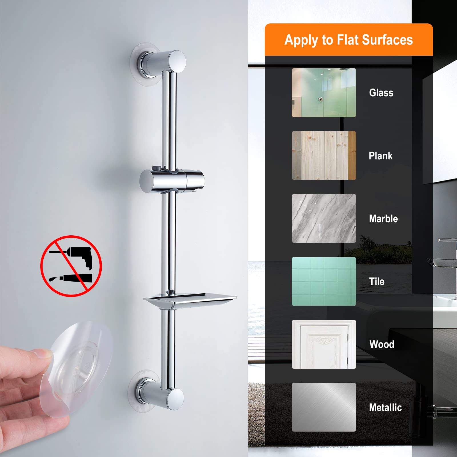 Ibergrif M20802-1 Shower Riser Rail - Nail-Free Slide Bar, Adjustable Height, Stainless Steel 4