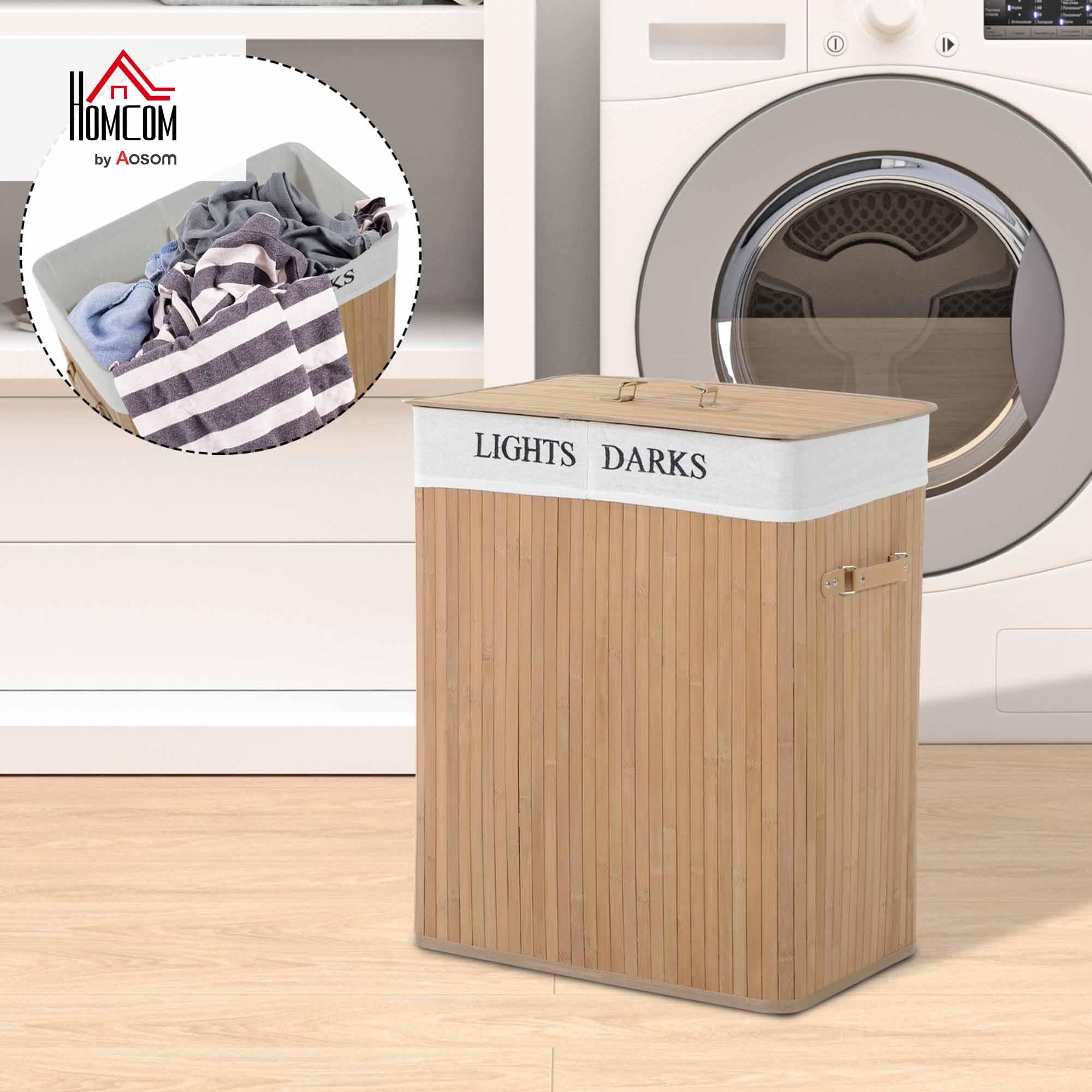 HOMCOM 100L Collapsible Natural Wood Laundry Hamper Organizer with Washable Liner | 52L x 32W x 63H cm