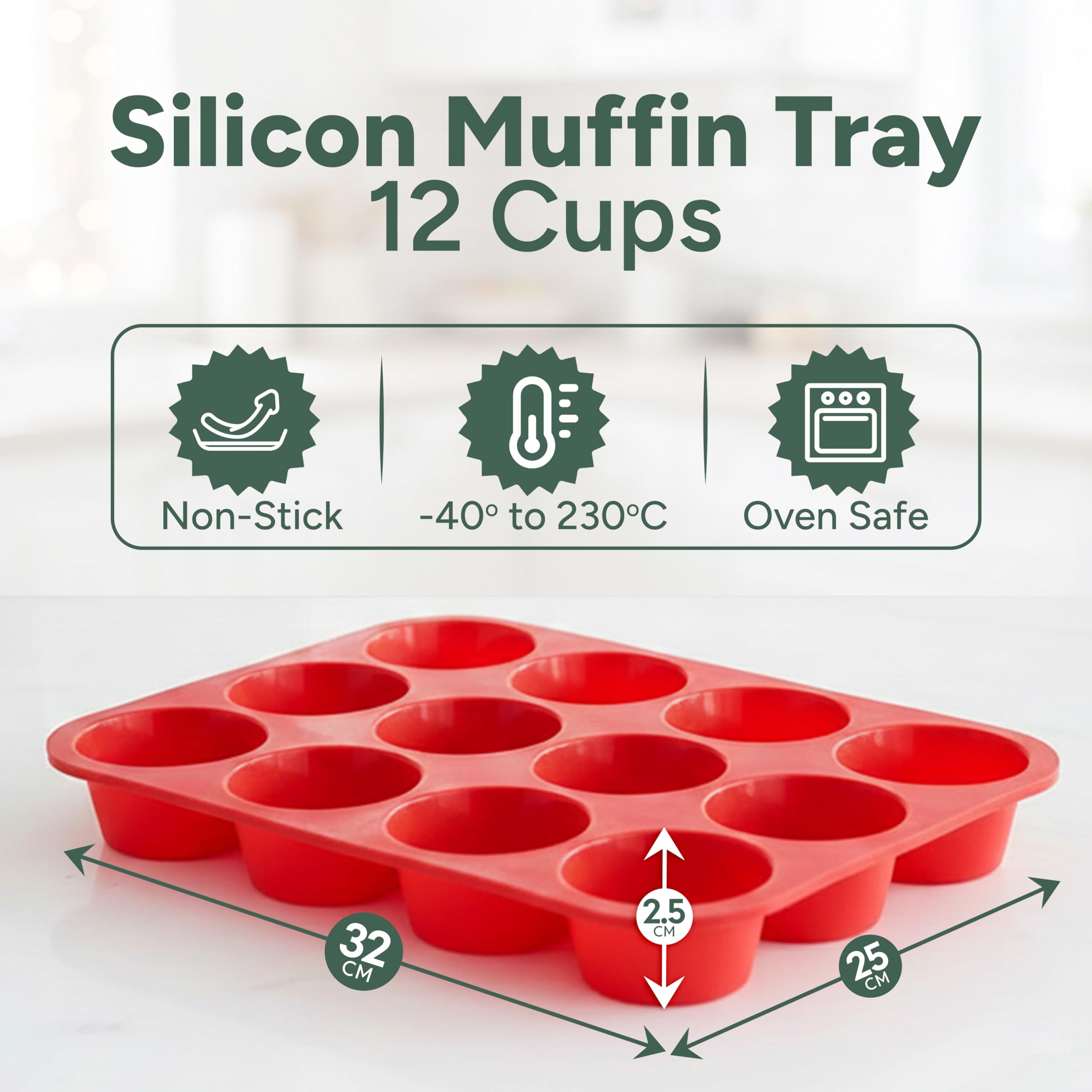 Zuvo Silicone Muffin & Cupcake Tray - 12 Cups, Non-Stick, Oven Safe up to 450°F