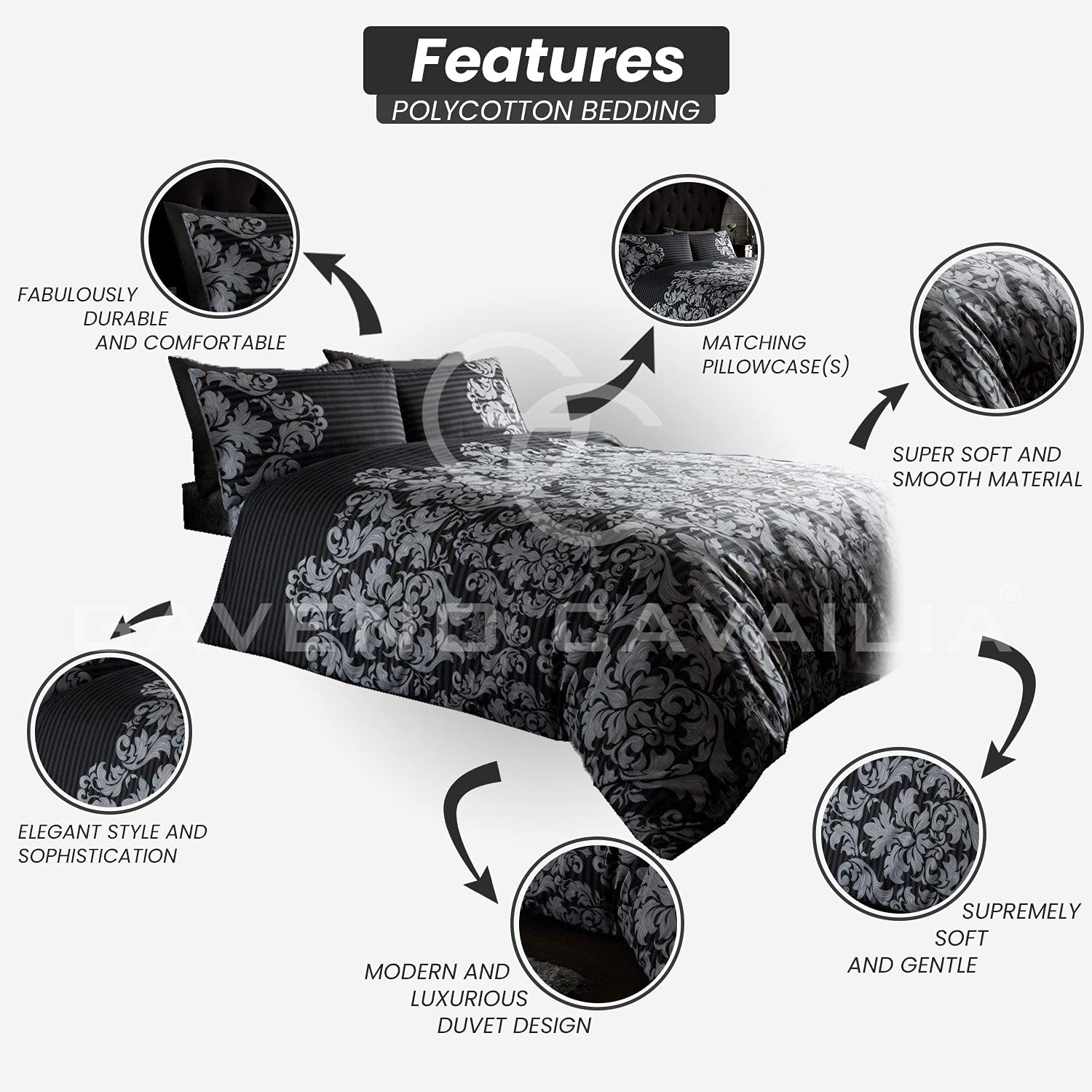 GC GAVENO CAVAILIA Empire Damask King Size Duvet Cover Set | 50% Cotton/50% Polyester | Black 2