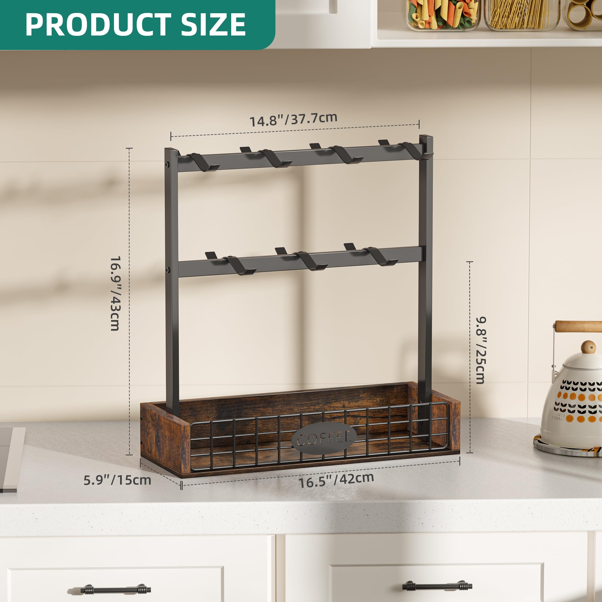 YITAHOME Countertop Mug Holder - 7 Hooks & Storage Base | Metal Frame | Black 4