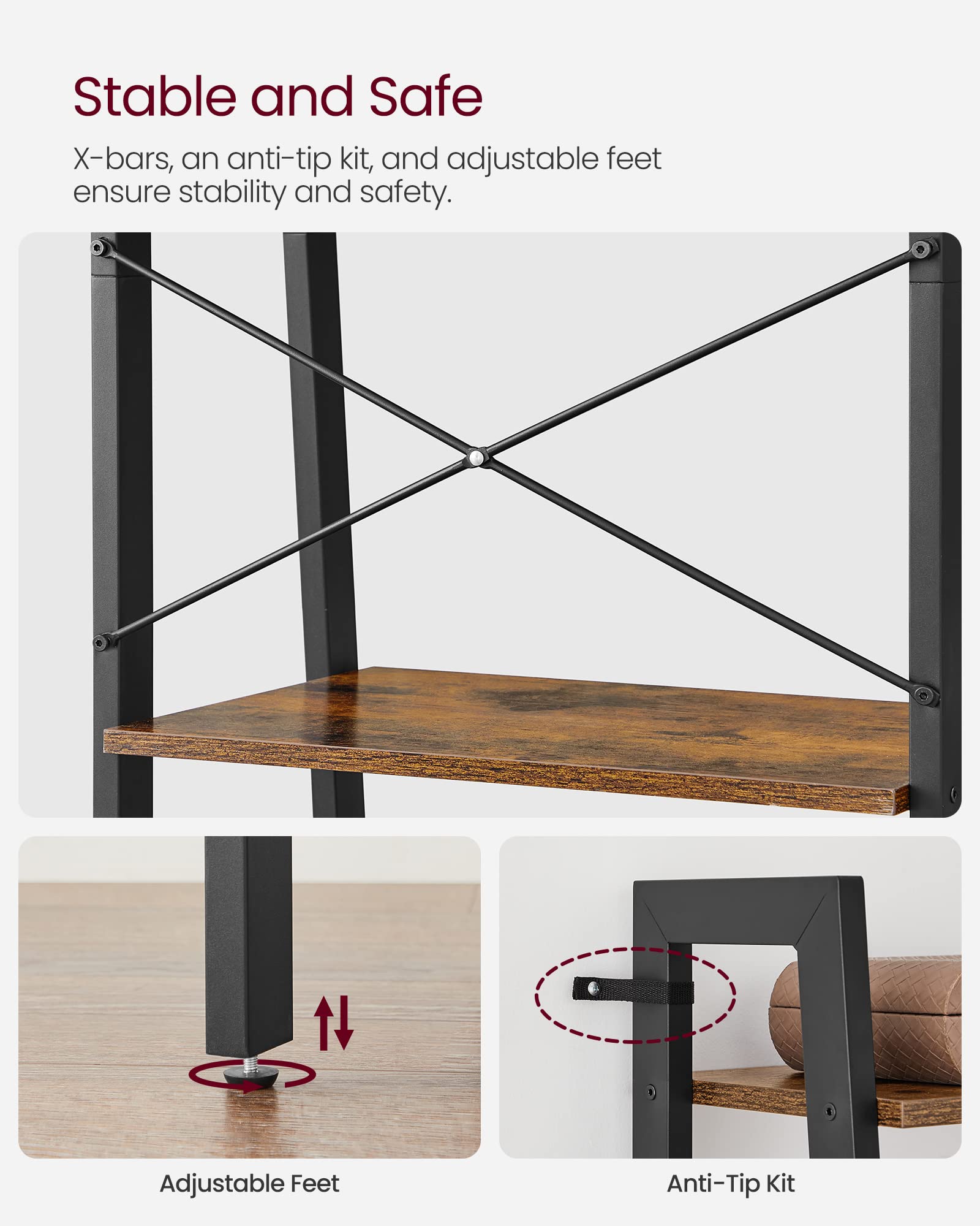 VASAGLE Ladder Shelf - 4-Tier Industrial Storage Rack | Rustic Brown & Black | 56 cm Wide 5