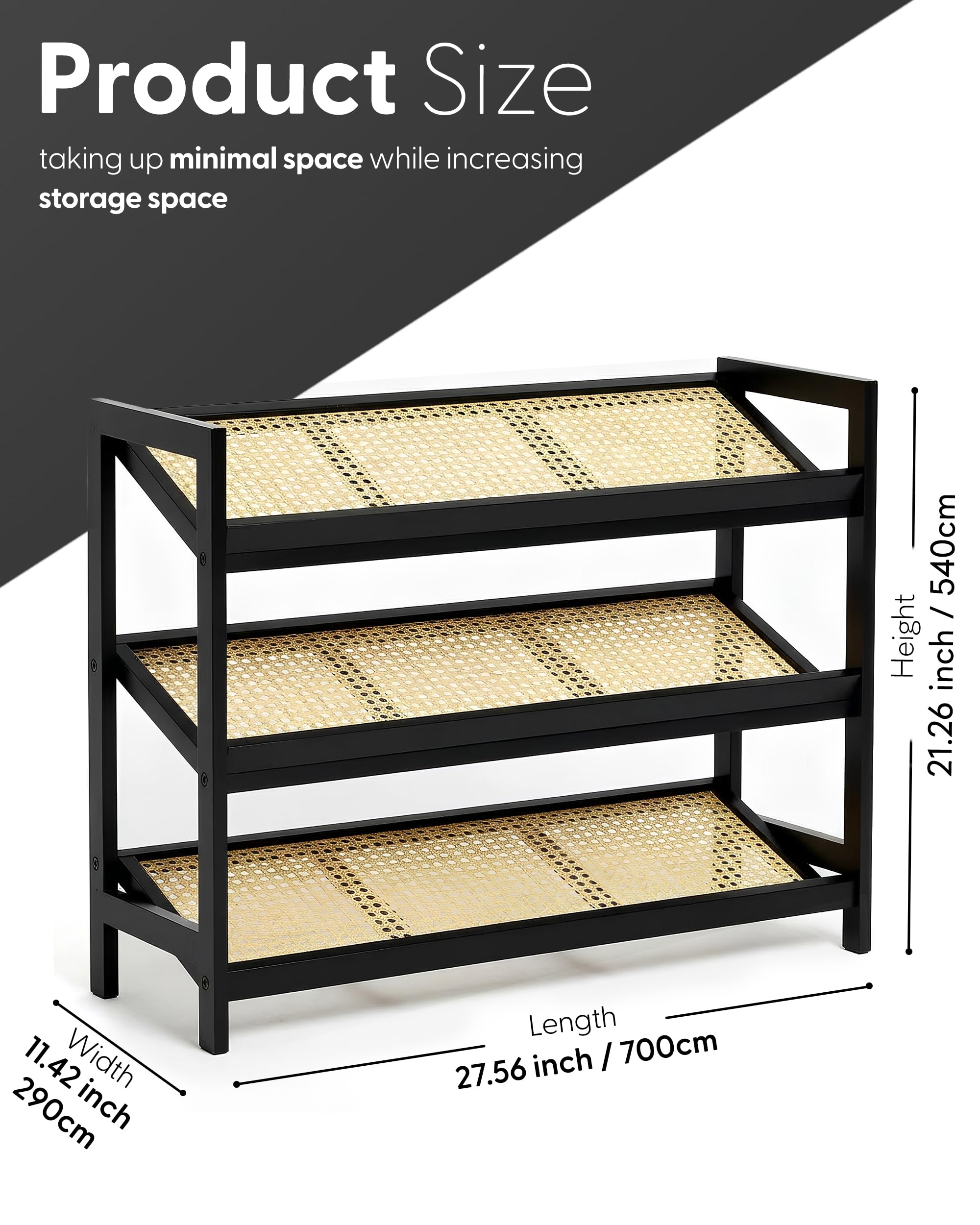KEPLIN 3 Tier Shoe Rack - Bamboo & Rattan | Holds 9 Pairs | 70x29x54 cm | Natural/Black 3