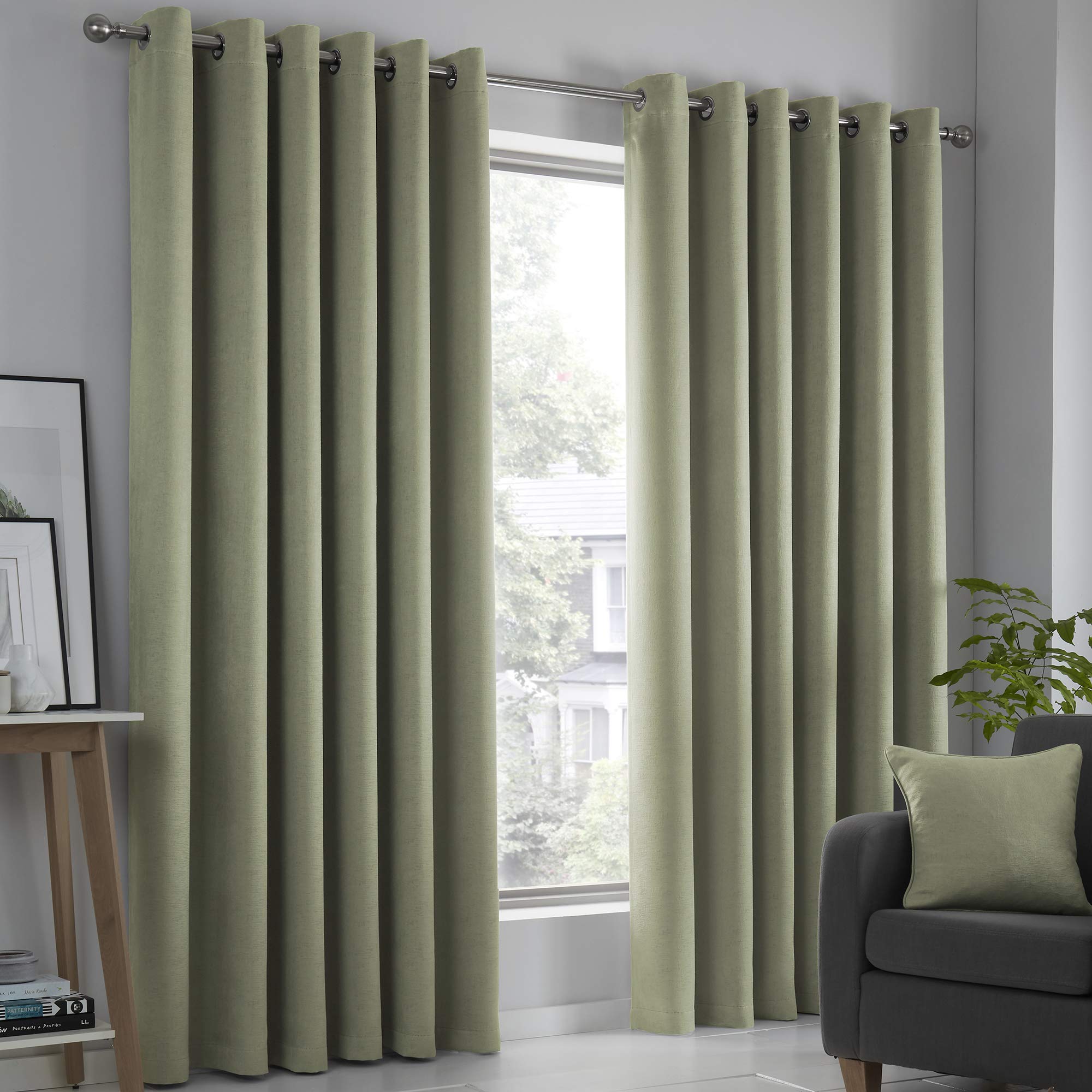 Fusion Green Dim-Out Eyelet Curtains - W46 x L90 (2 Panels) | Thermal Insulated | 100% Polyester 1