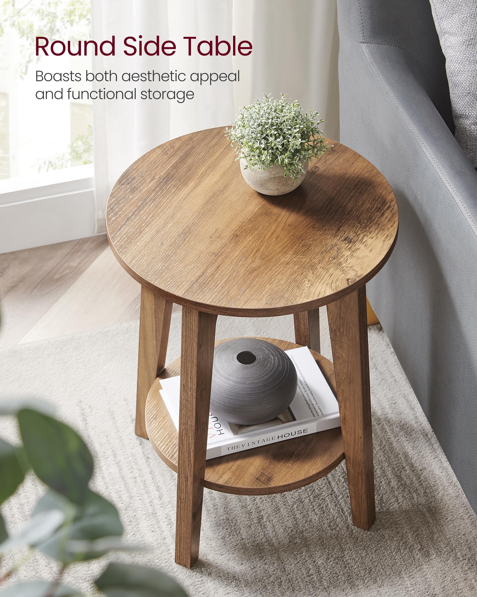 VASAGLE Modern Round End Table - Honey Brown, 2-Tier Storage | 40x50 cm 4