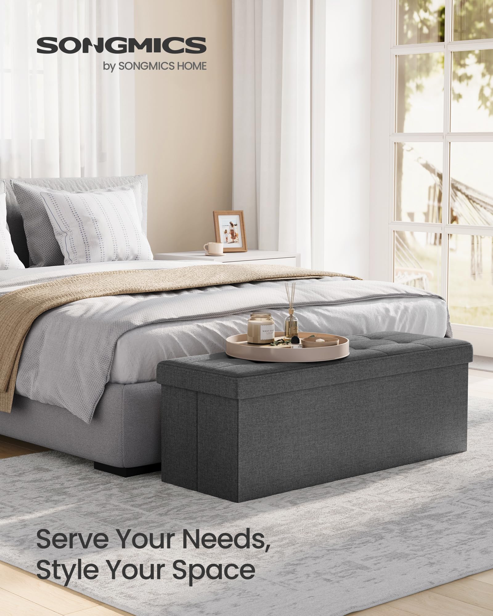 SONGMICS MAZIE Storage Ottoman Bench - 110 cm Folding Foot Rest | 300 kg Capacity | Dark Grey 4