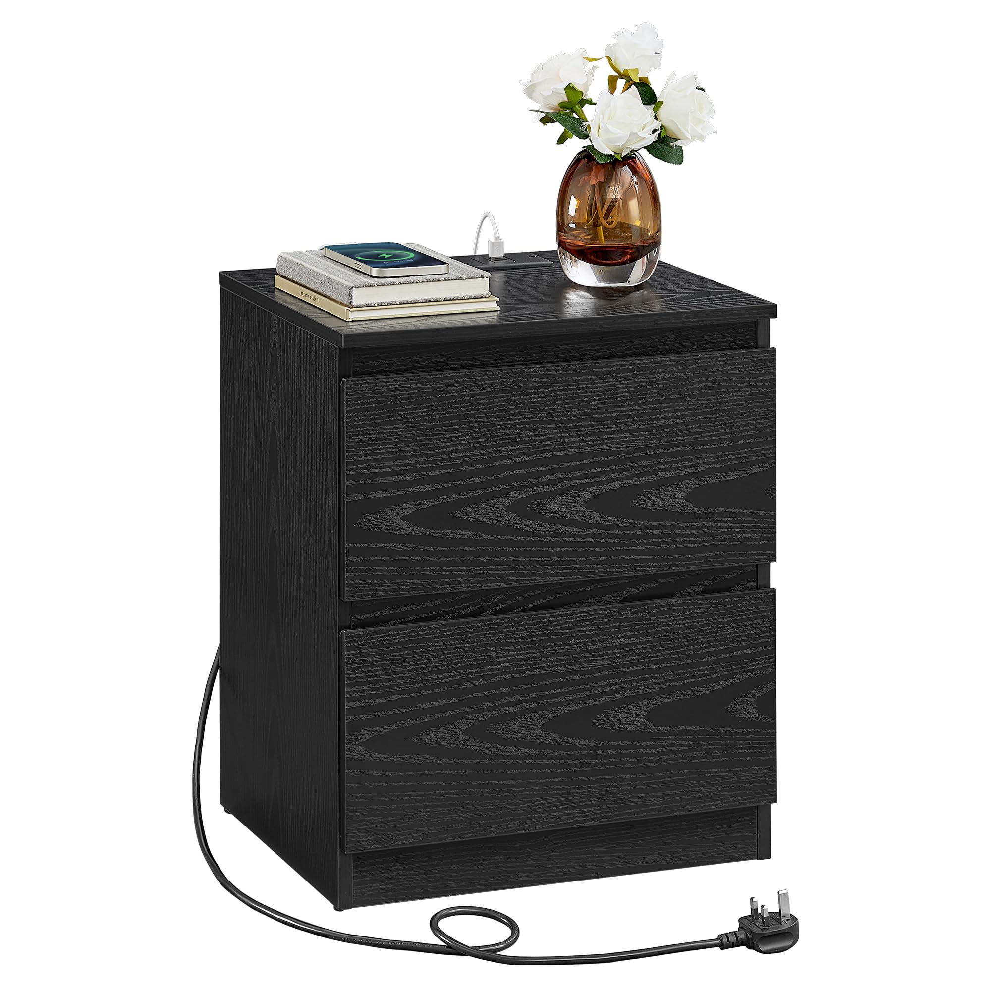 VASAGLE KAILYN Nightstand with Charging Station | 2 Drawers | Ebony Black 1