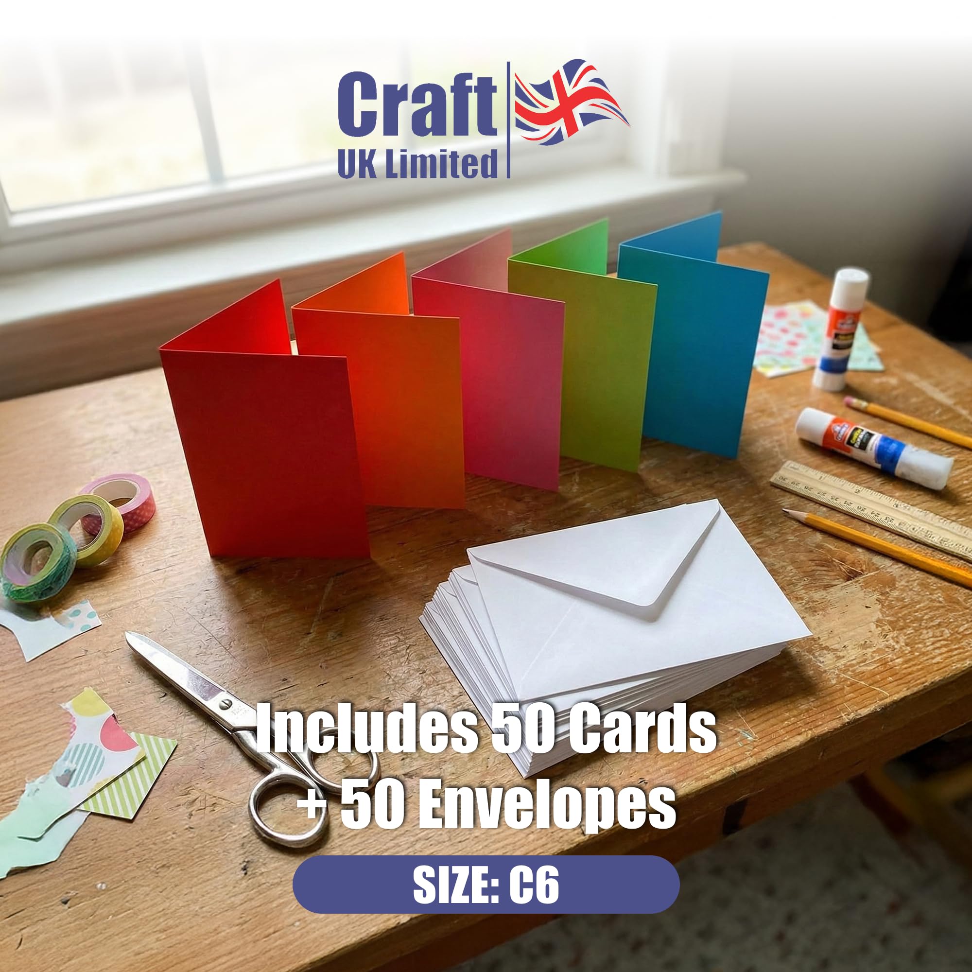 Craft UK C6 Card Stock Pack of 50 - Mixed Colours with White Envelopes | 225gsm 3