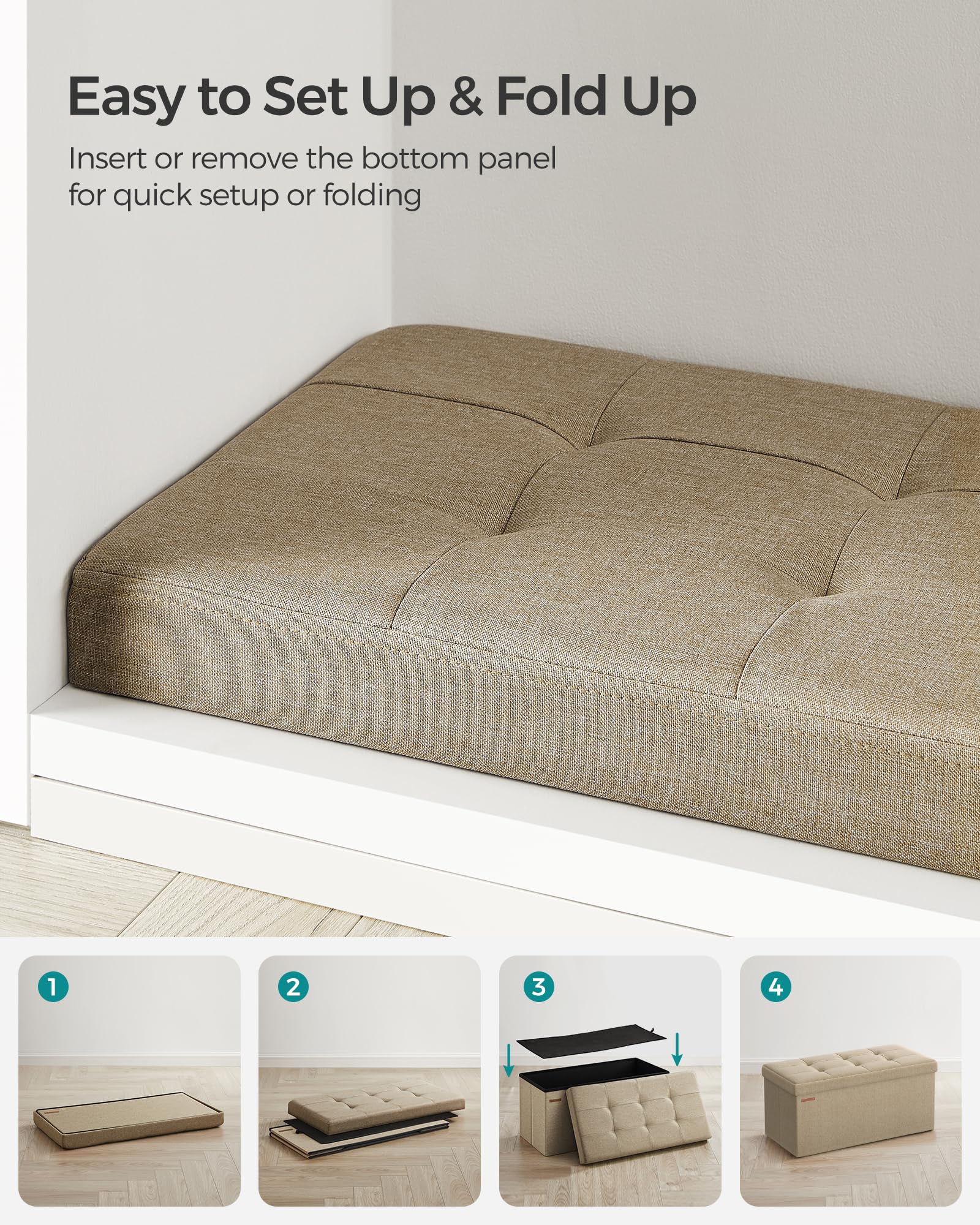 SONGMICS MAZIE Storage Ottoman Bench - 76cm Folding Foot Rest | 89L Capacity | Camel Brown 7
