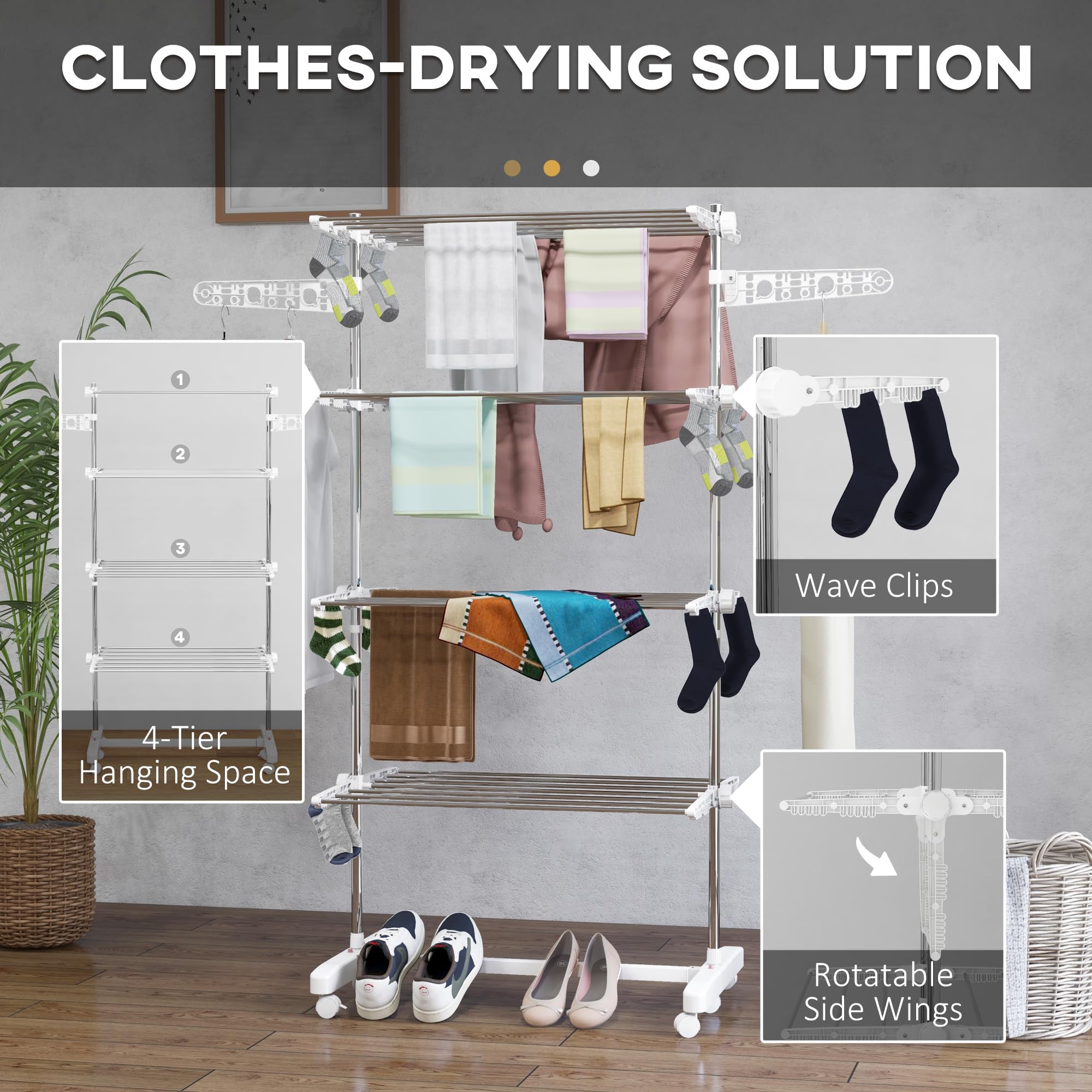 HOMCOM 4-Tier Stainless Steel Clothes Drying Rack | Foldable | Max Load 30kg | Wheeled 4