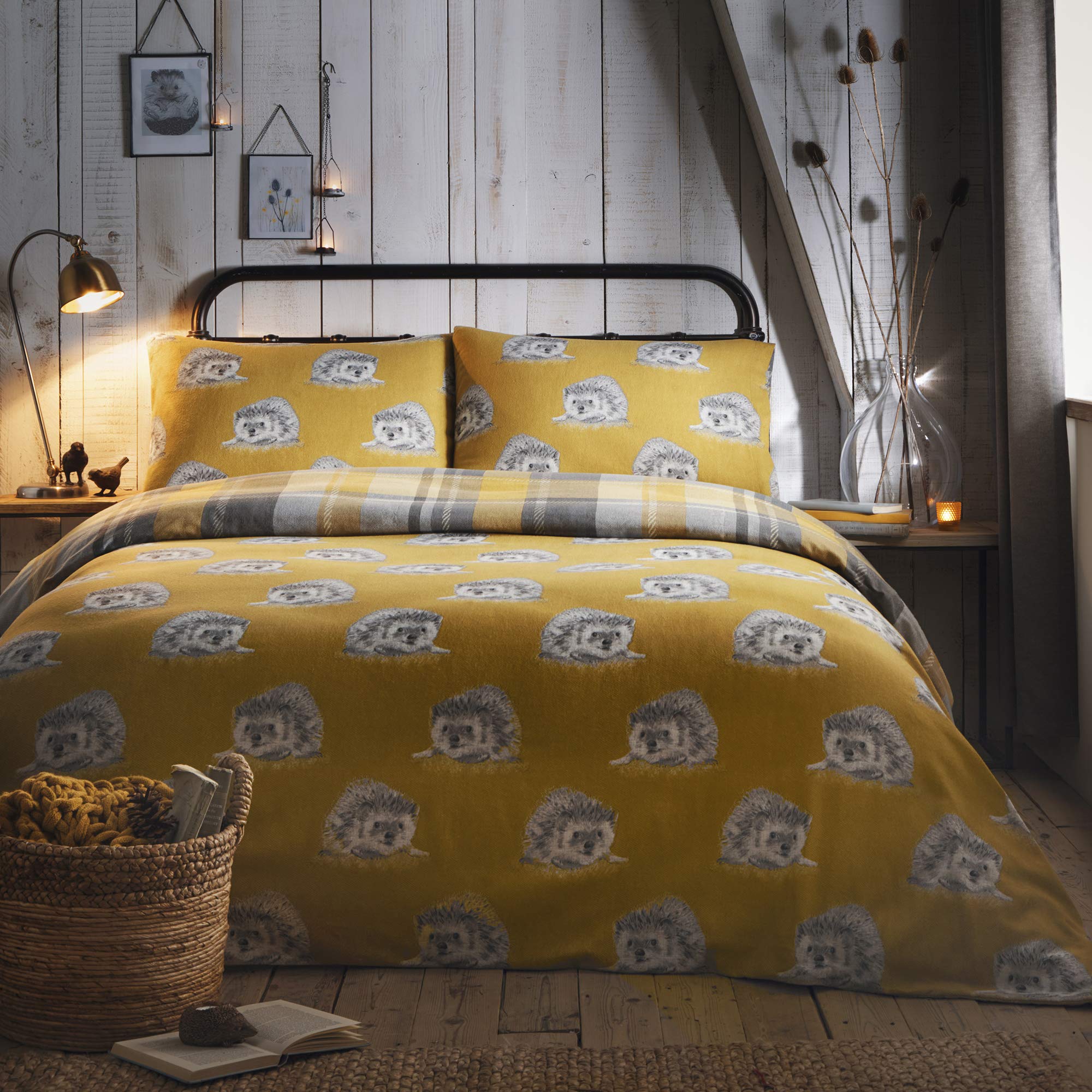 Dreams & Drapes Colville Check Ochre Hedgehog Duvet Cover Set | King Size | 100% Brushed Cotton 5