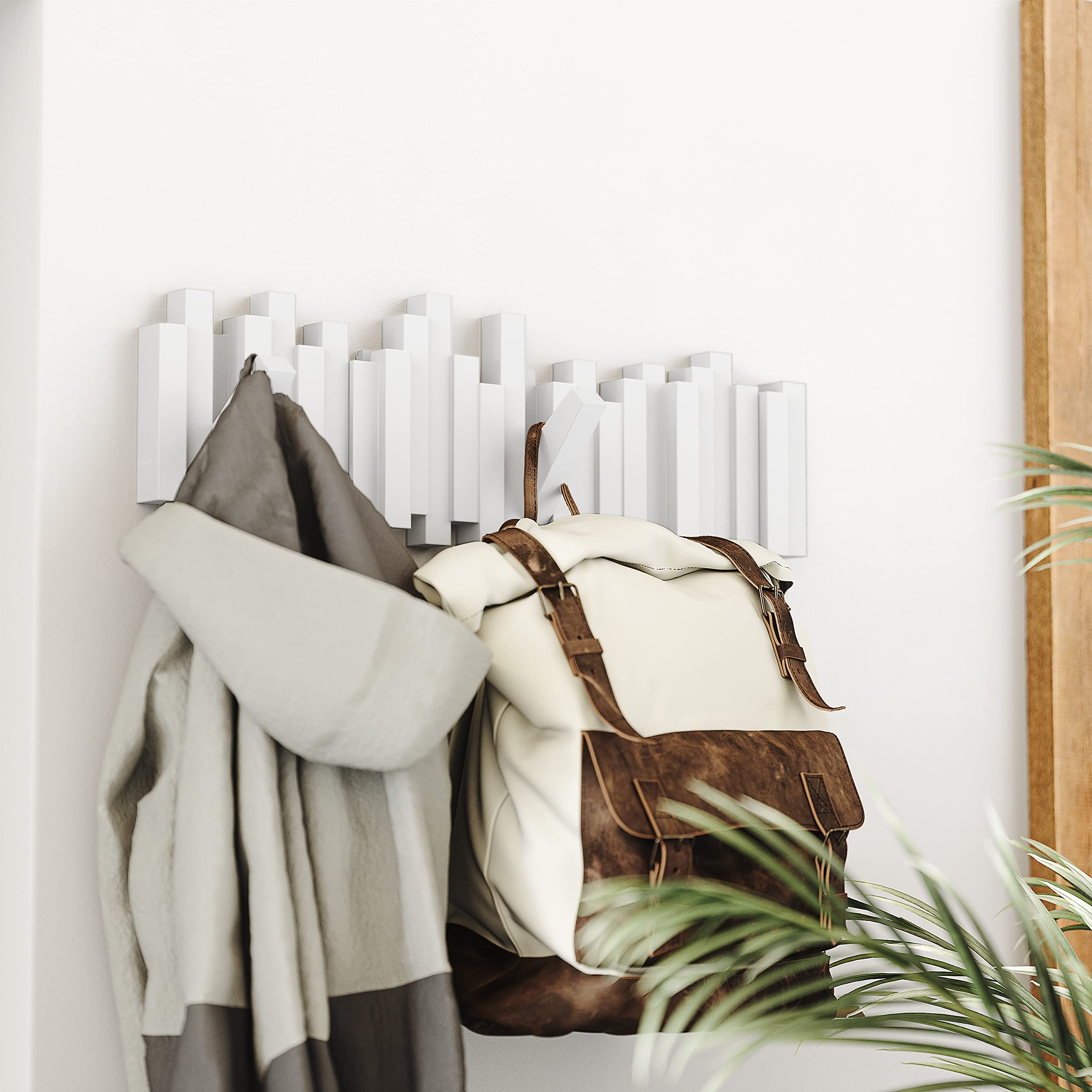 Umbra Sticks Wall-Mounted Coat Rack - 5 Retractable Pegs | Modern Design | White Plastic 8