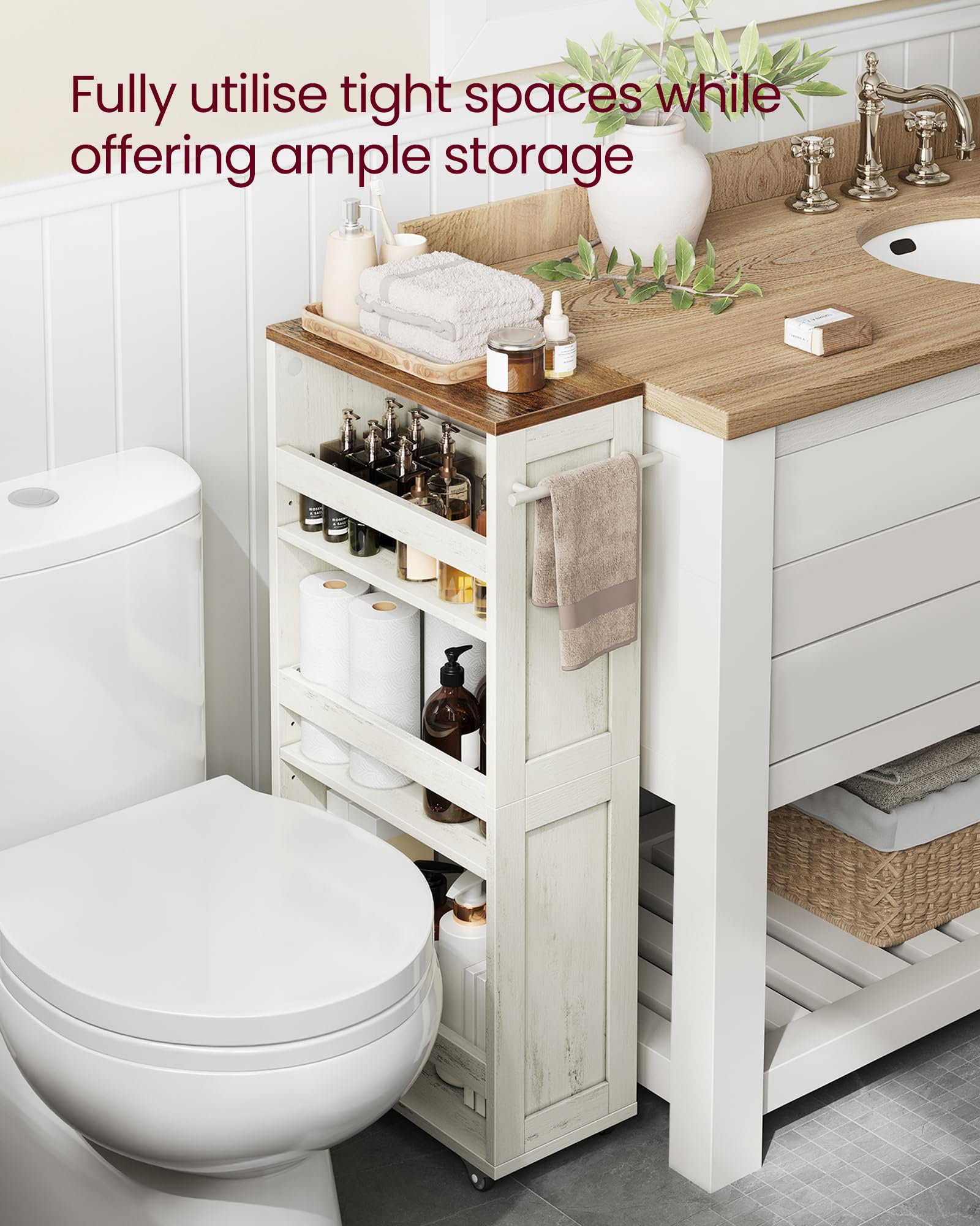 VASAGLE 4-Tier Slim Storage Trolley - 20 cm Wide | Rustic White + Honey Brown | 10 kg/Tier Capacity 5