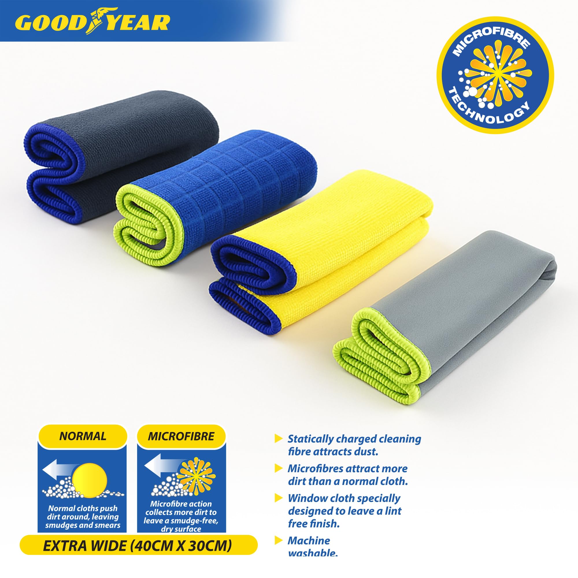 Goodyear 4PC Microfiber Cloth Set - Vehicle Cleaning | 40cm x 30cm | Machine Washable 2