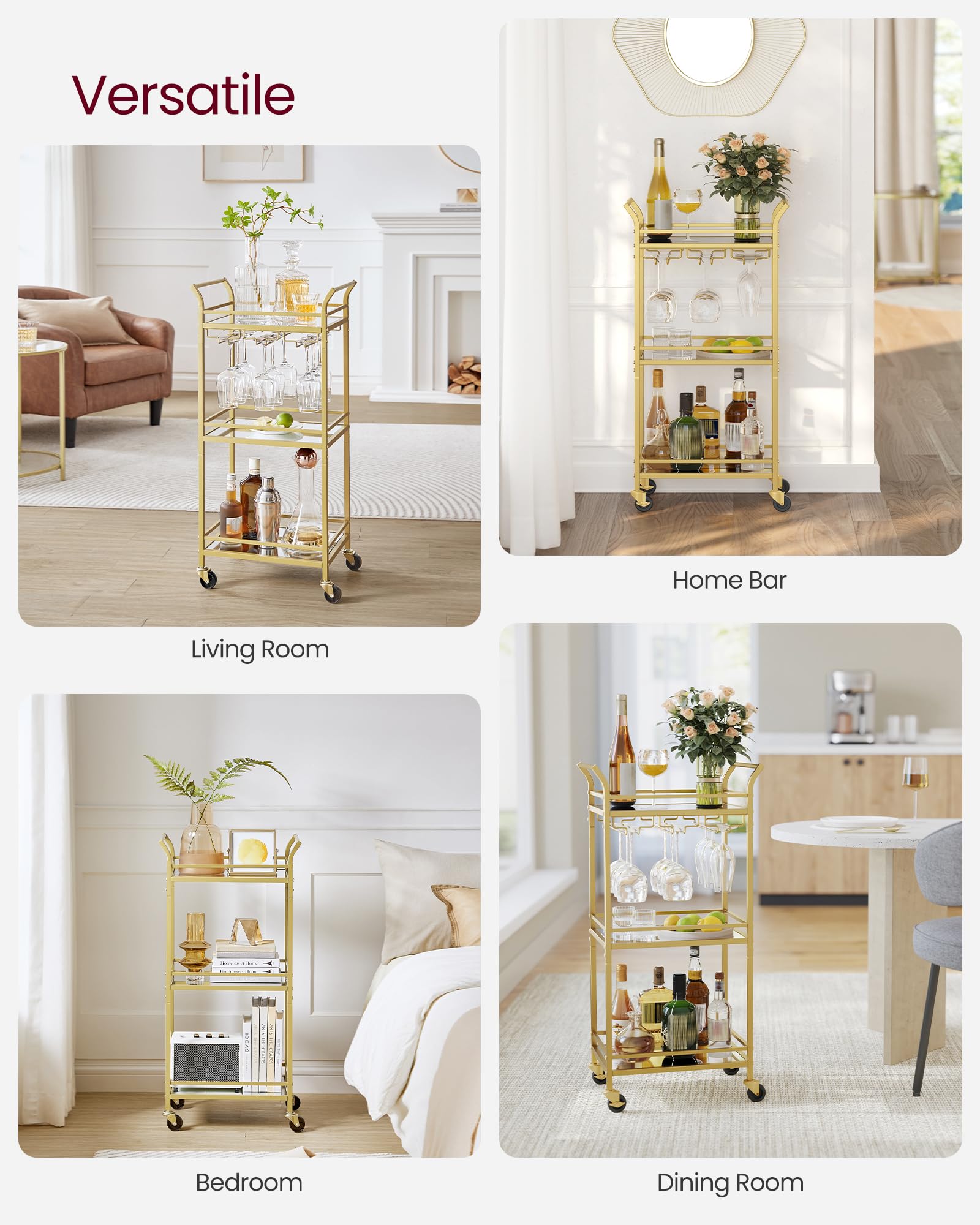 VASAGLE 3-Tier Drinks Trolley - Gold Bar Cart with Mirrored Glass Shelves | 30x46.8x92 cm 3
