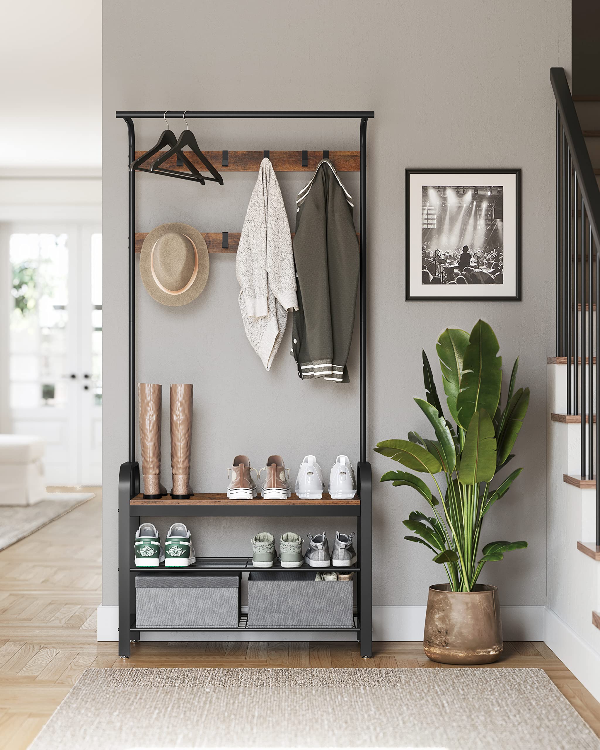 VASAGLE 4-in-1 Coat Rack with Shoe Storage Bench | 9 Removable Hooks | Rustic Brown/Black 9