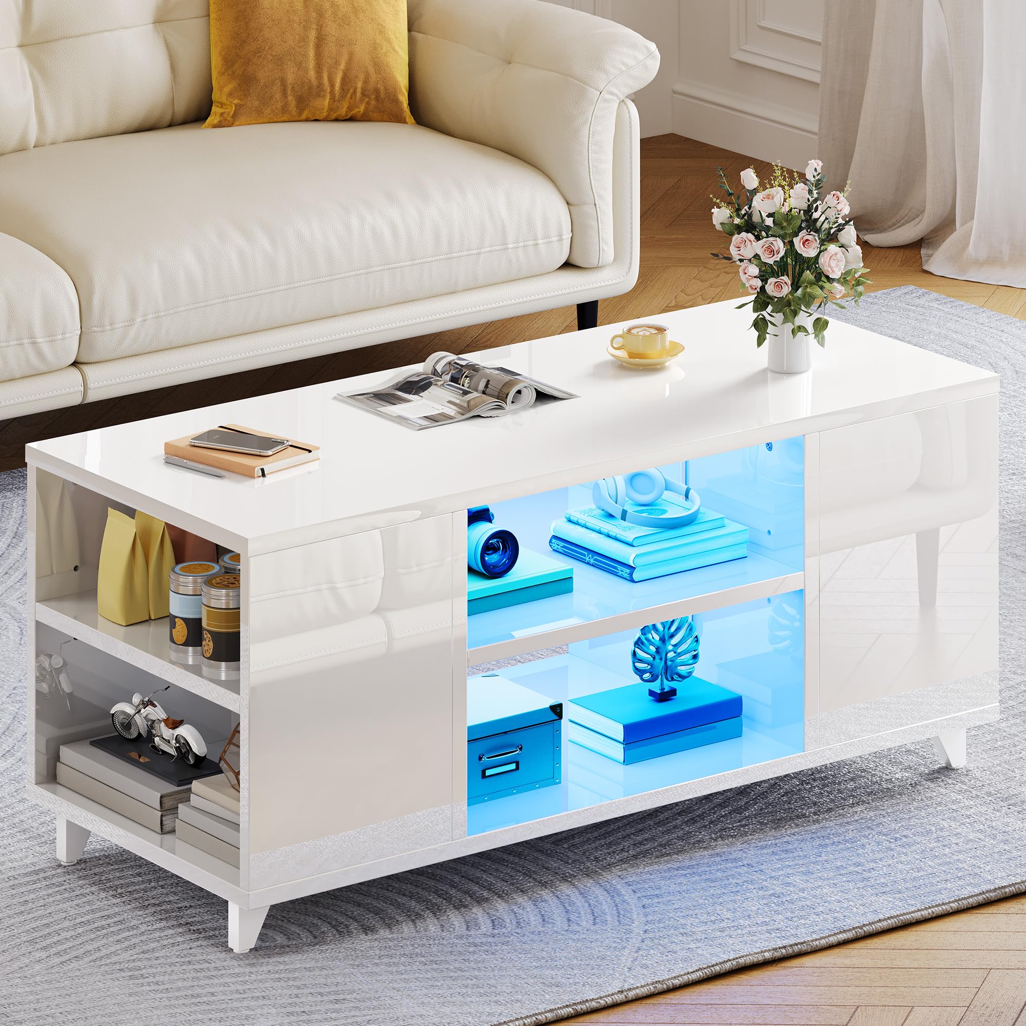 YITAHOME Modern Coffee Table with RGB Lighting | High Gloss White Finish | 97.5 x 48 cm 2