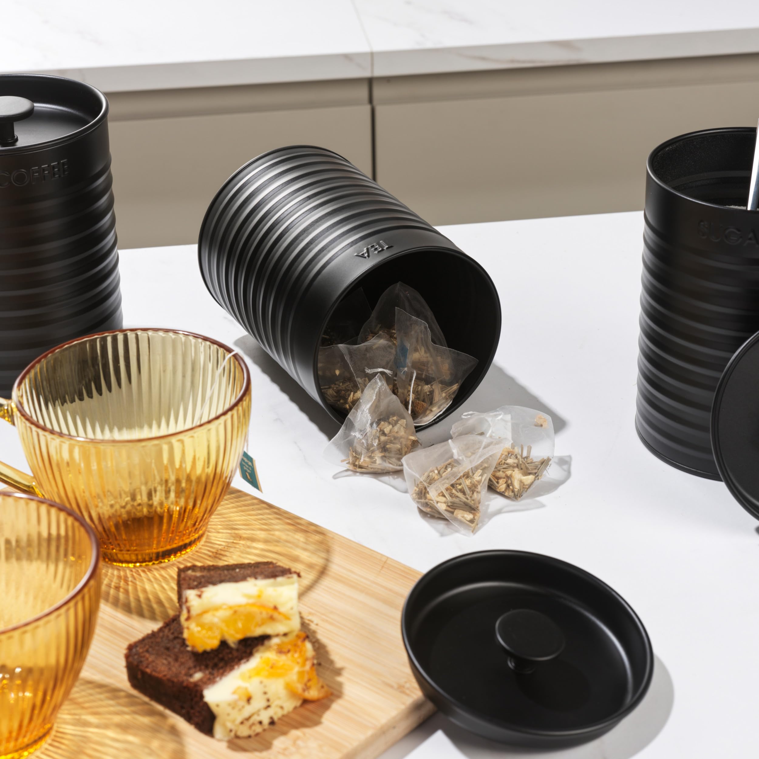 Russell Hobbs Ribbed 3-Piece Canister Set - Black | Powder-Coated Steel | Air Tight Storage 4