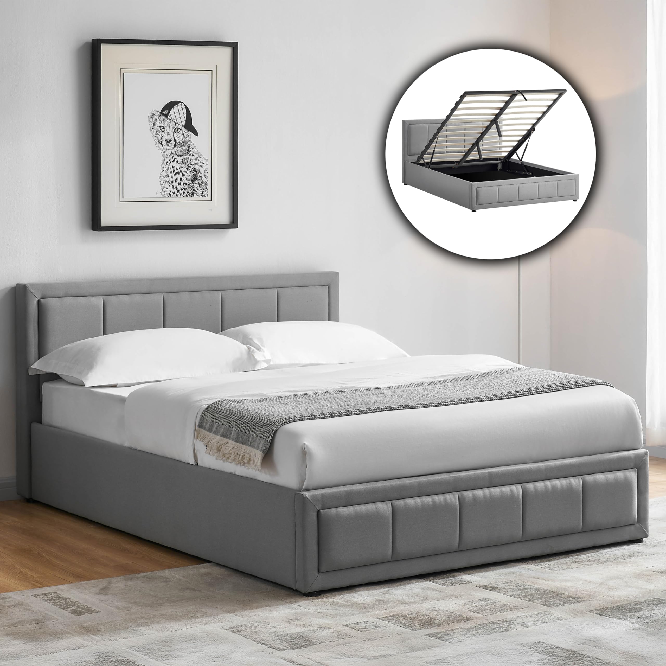 Vida Designs Vanita Double Fabric Bed Frame - Light Grey | Ottoman Storage | Linen Effect 1