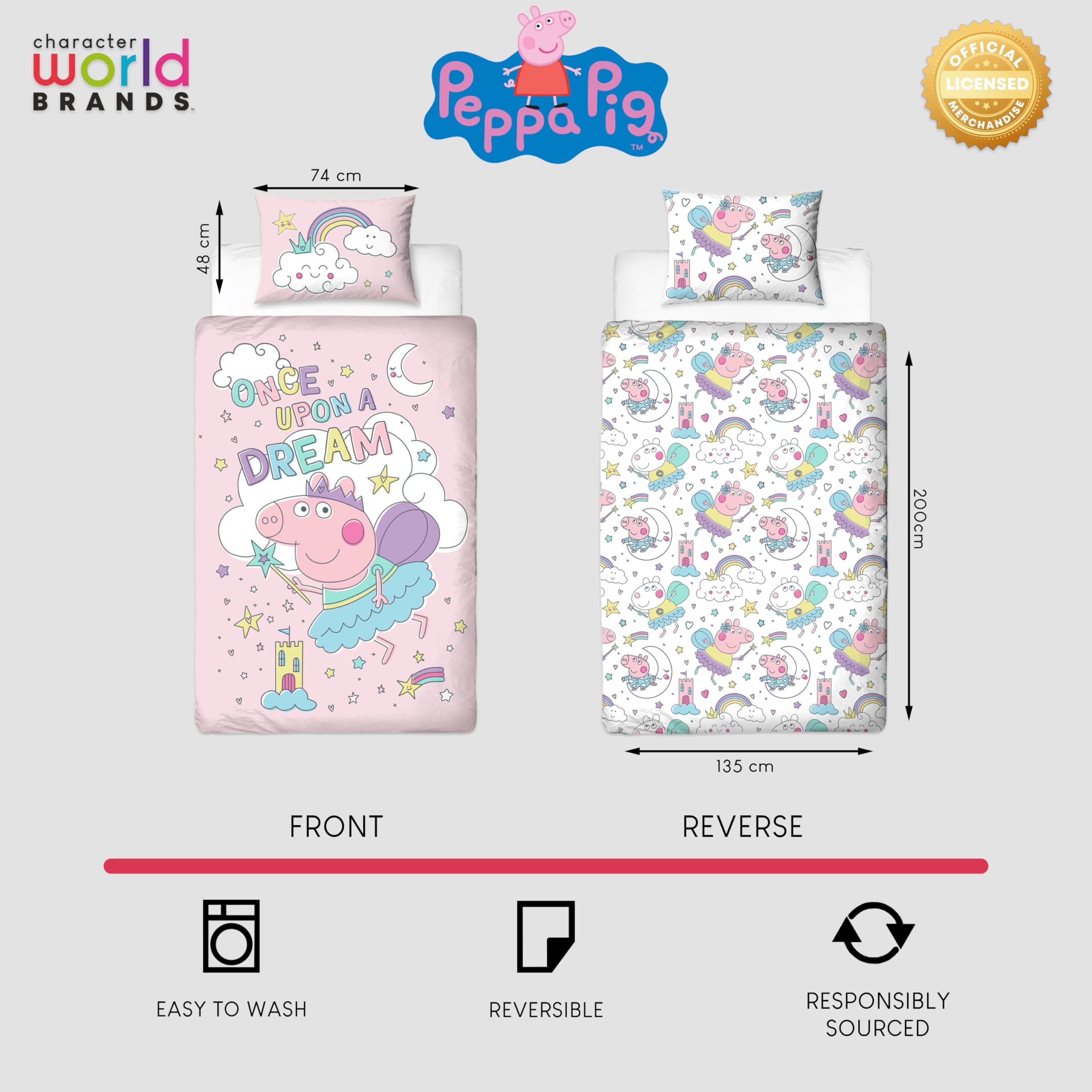 Character World Peppa Pig Officially Licensed Single Duvet Cover Set | Reversible | Polycotton 10