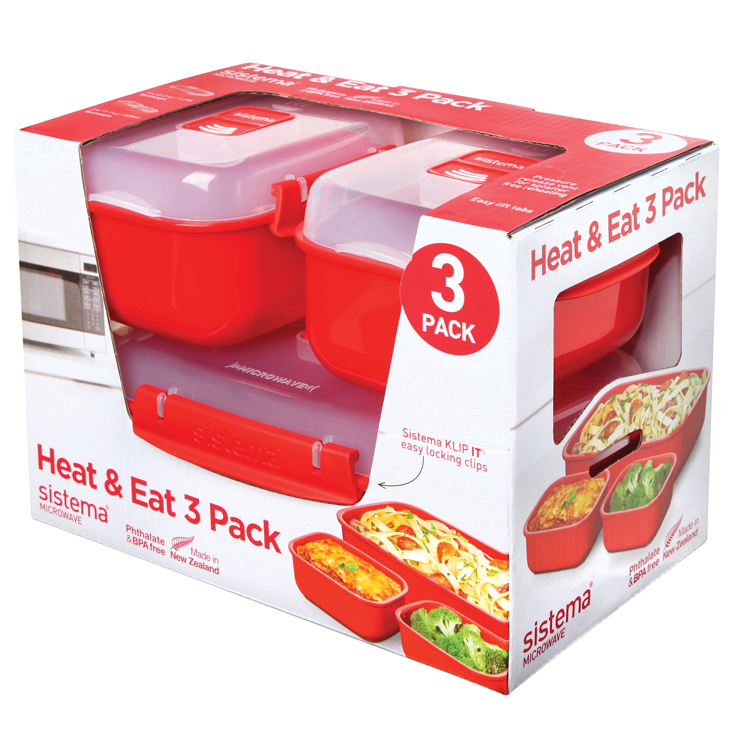 Sistema Heat and Eat Microwave Container Set - 3 Count (1.25 L, 525 ml) | BPA-Free, Red
