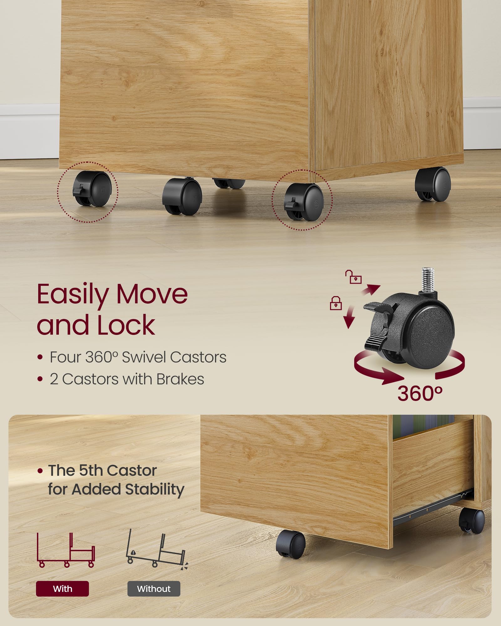 VASAGLE 2-Drawer Mobile File Cabinet - Rolling, Printer Stand, for A4/Letter Files | Straw Yellow 6