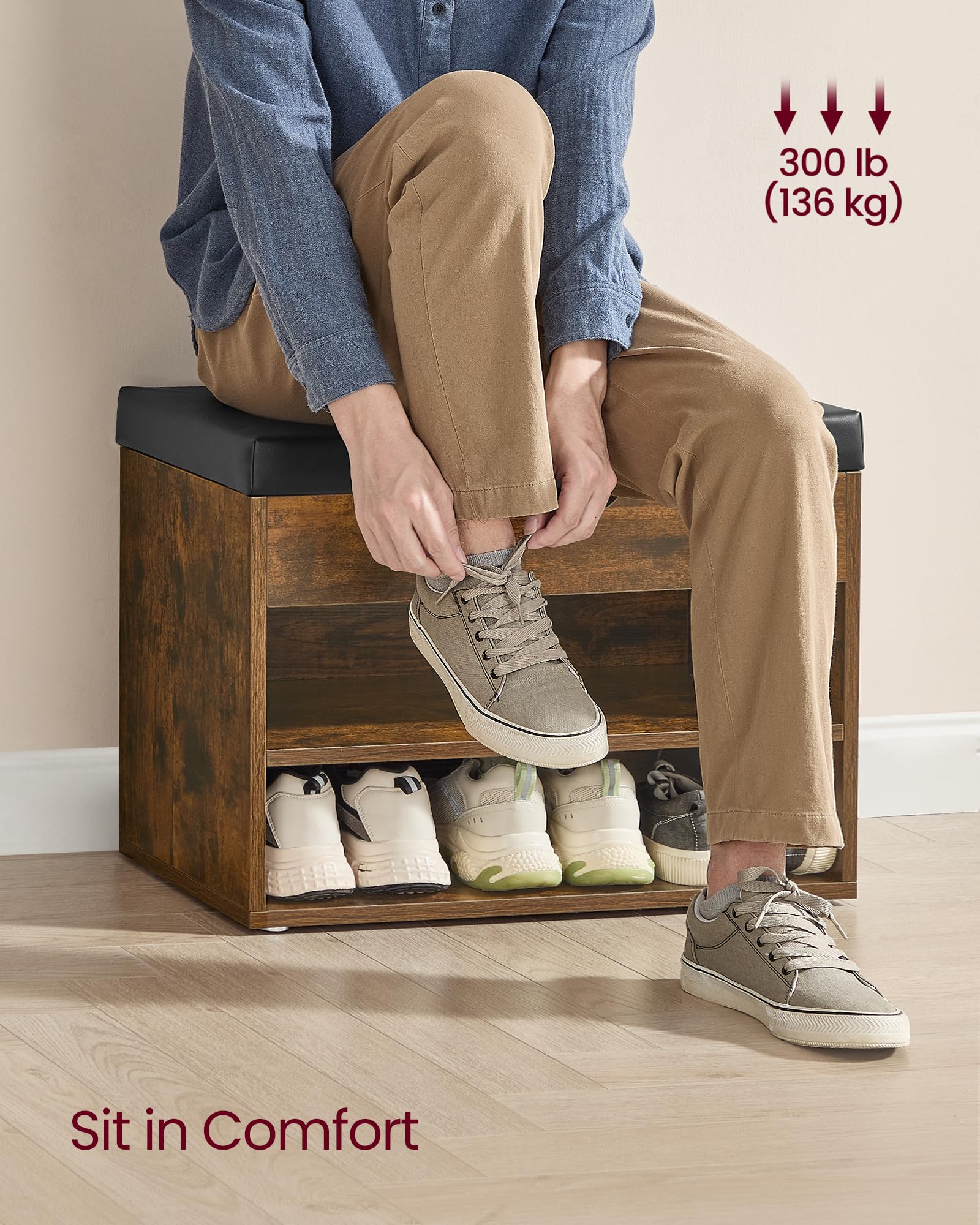 VASAGLE Storage Bench with Padded Seat | 30D x 60W x 44H cm | Rustic Brown 6